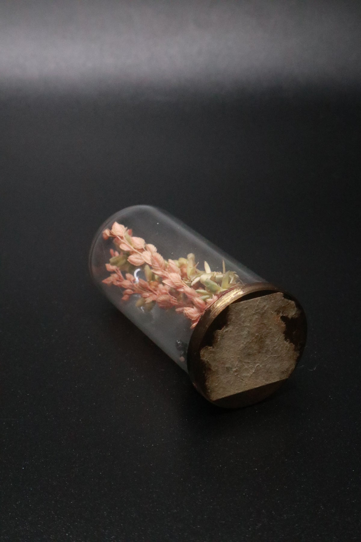 VINTAGE 1970'S MINI GLASS DOME AND BRASS DRIED FLOWER TERRARIUM "PINK FLOWER"