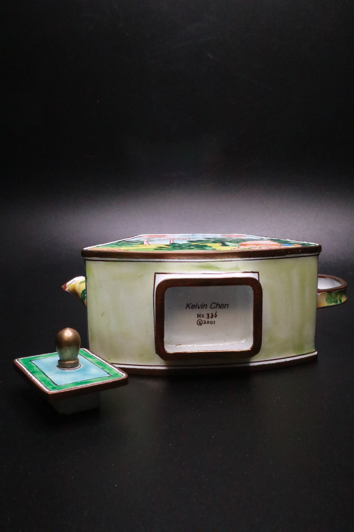 KELVIN CHEN 2001 ENAMELED TEAPOT FEATURING CLAUDE MONET'S "GARDEN AT SAINTE ADRESSE"