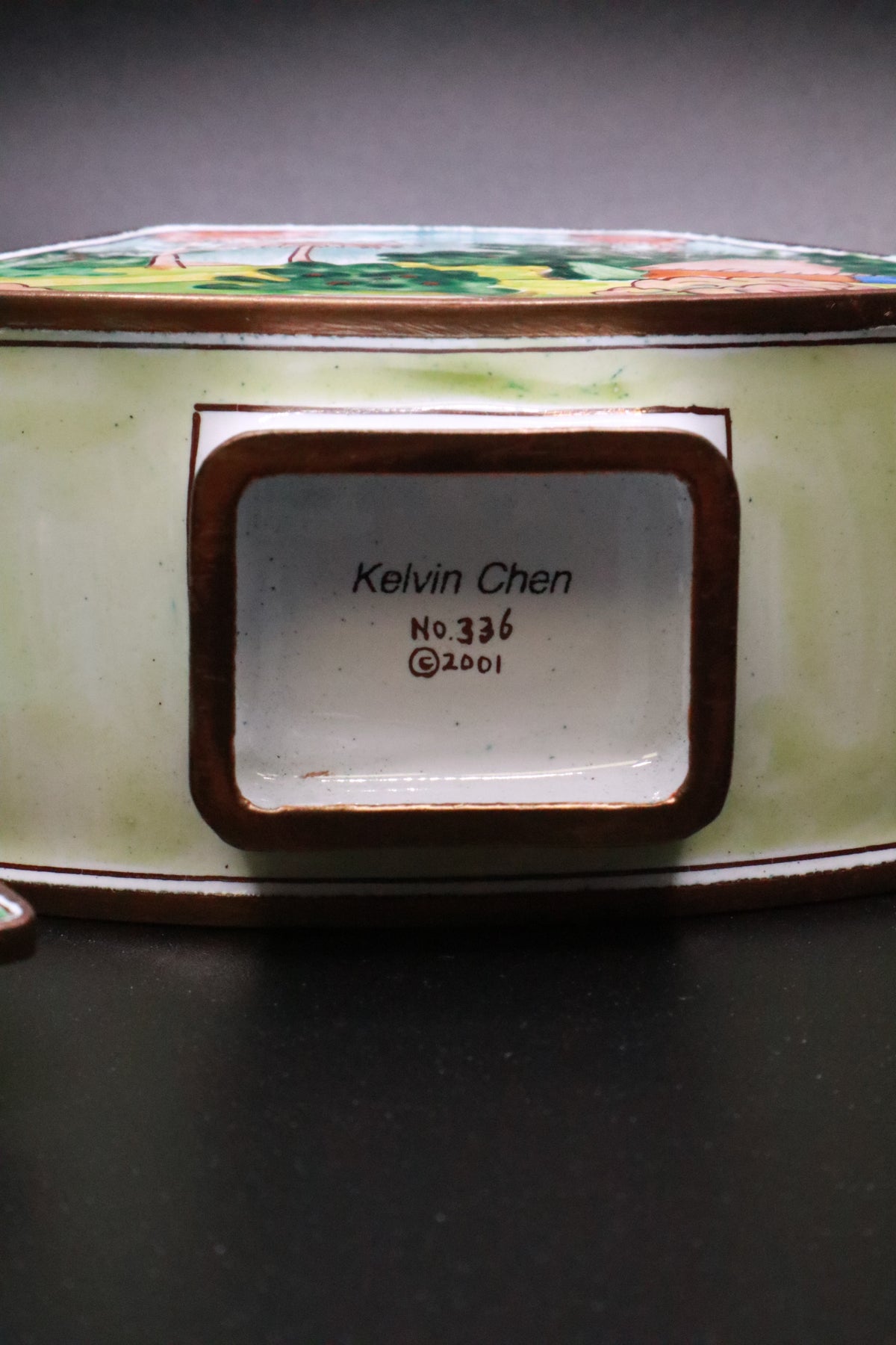 KELVIN CHEN 2001 ENAMELED TEAPOT FEATURING CLAUDE MONET'S "GARDEN AT SAINTE ADRESSE"