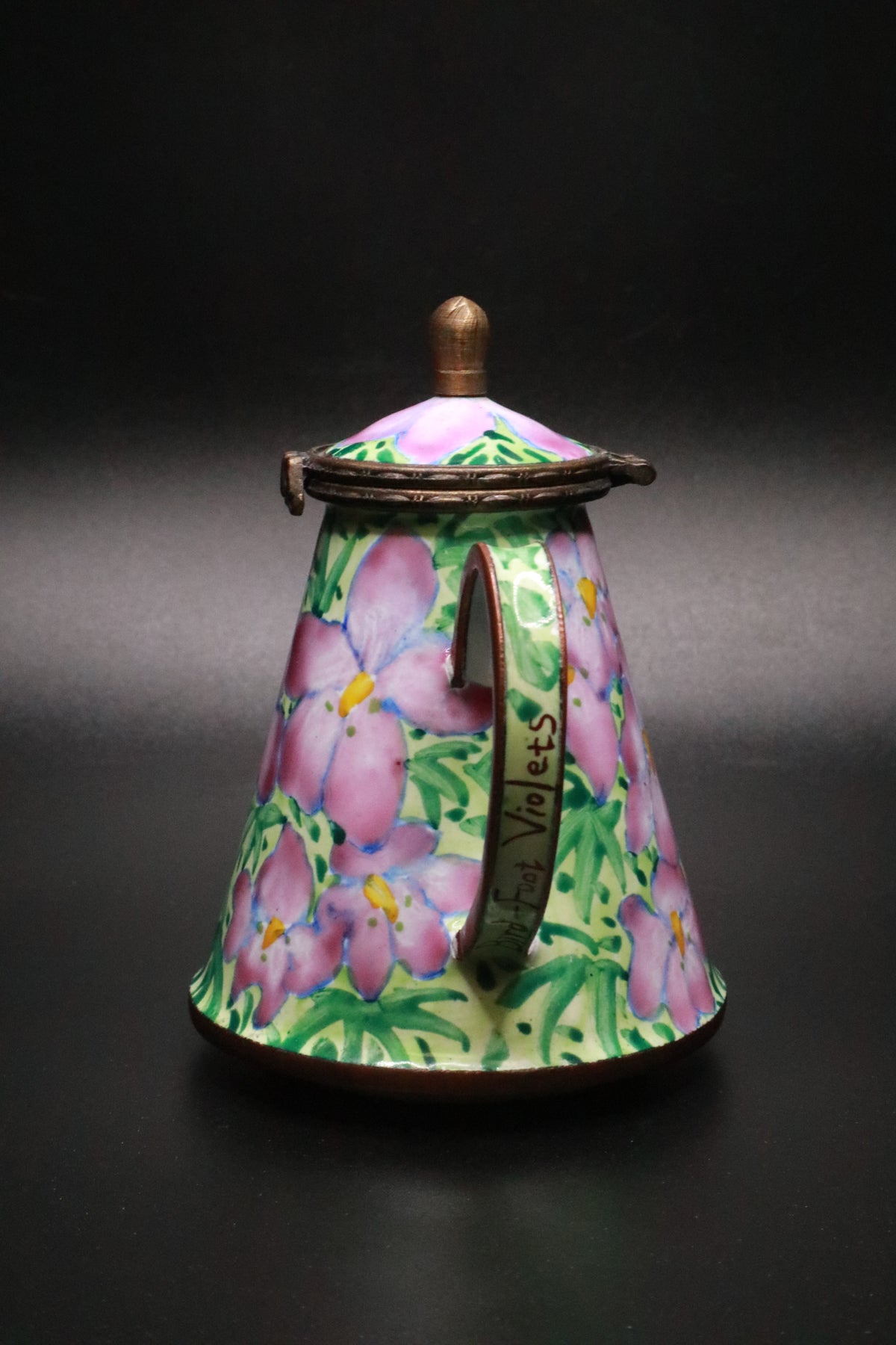 KELVIN CHEN 2000 NO 92 ENAMELED MINIATURE TEAPOT "BIRD-FOOT VIOLETS"