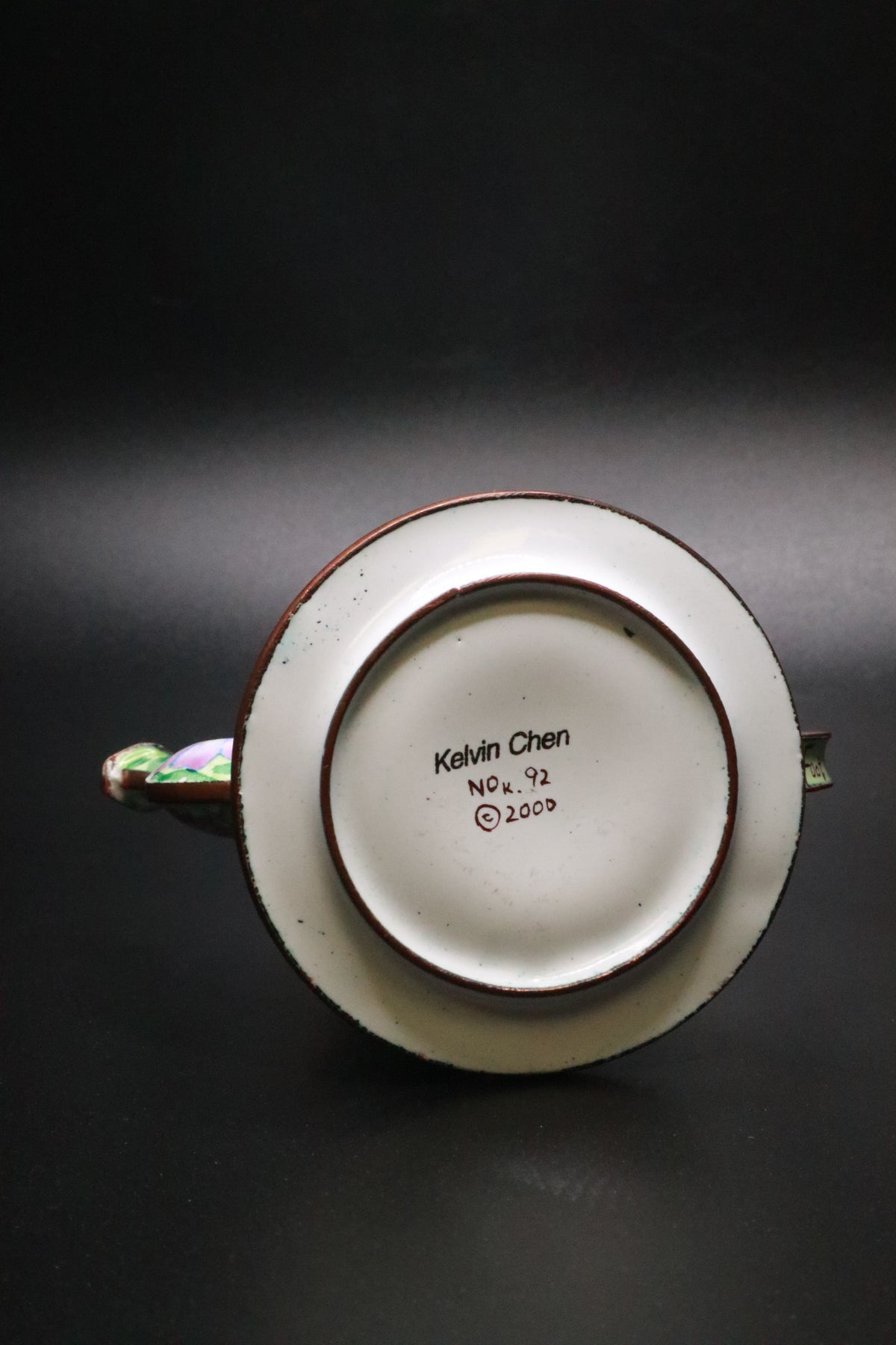 KELVIN CHEN 2000 NO 92 ENAMELED MINIATURE TEAPOT "BIRD-FOOT VIOLETS"