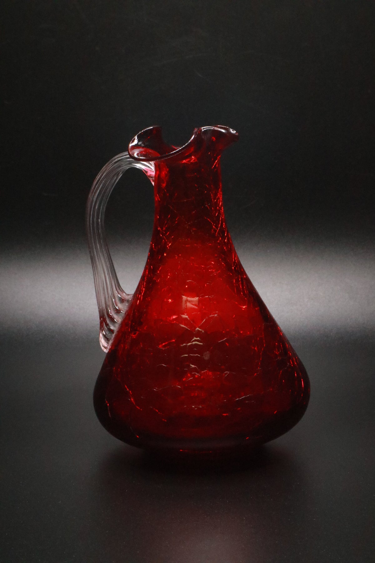 VINTAGE RUBY RED HAND BLOWN CRACKLE GLASS CLEAR HANDLE PITCHER