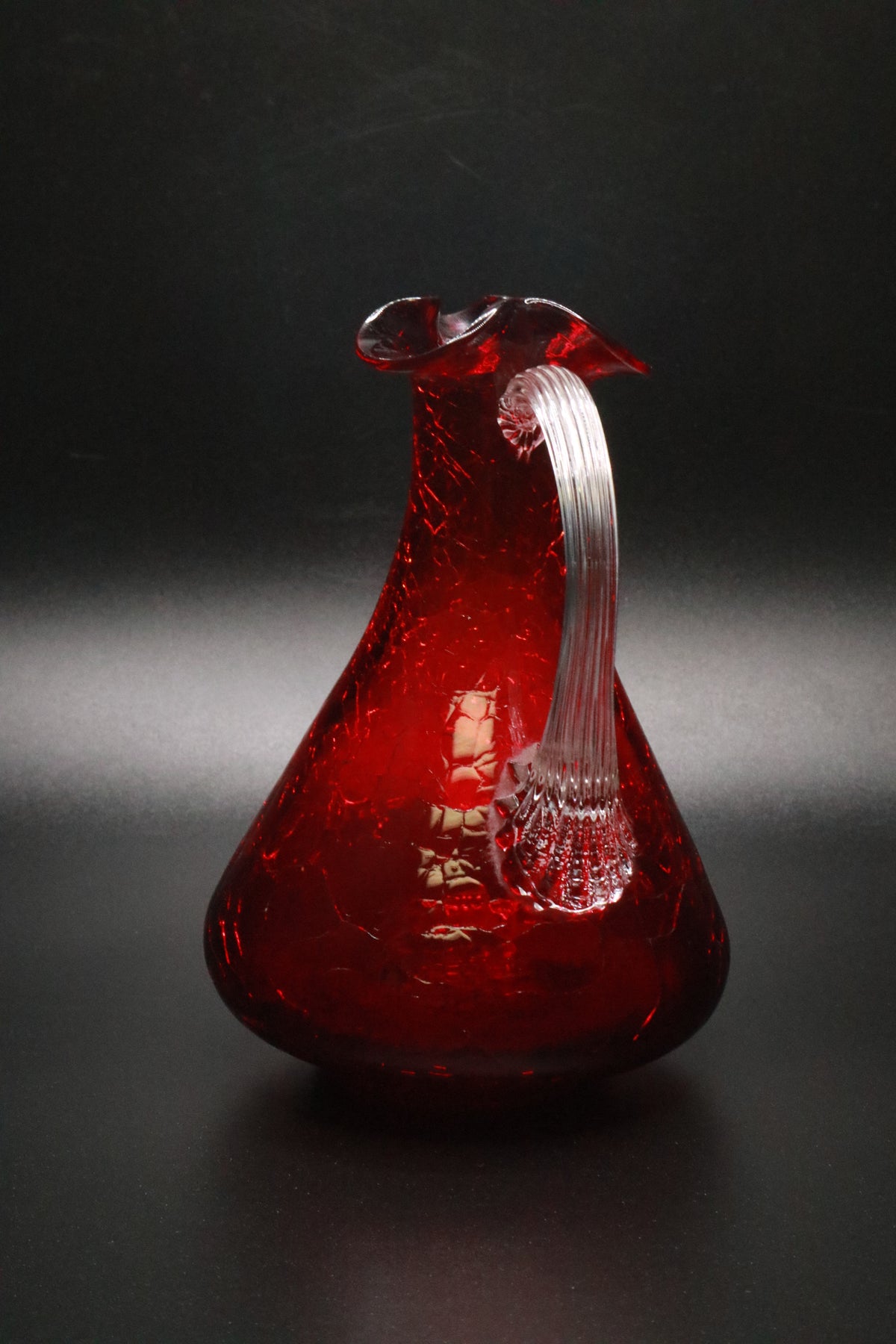 VINTAGE RUBY RED HAND BLOWN CRACKLE GLASS CLEAR HANDLE PITCHER