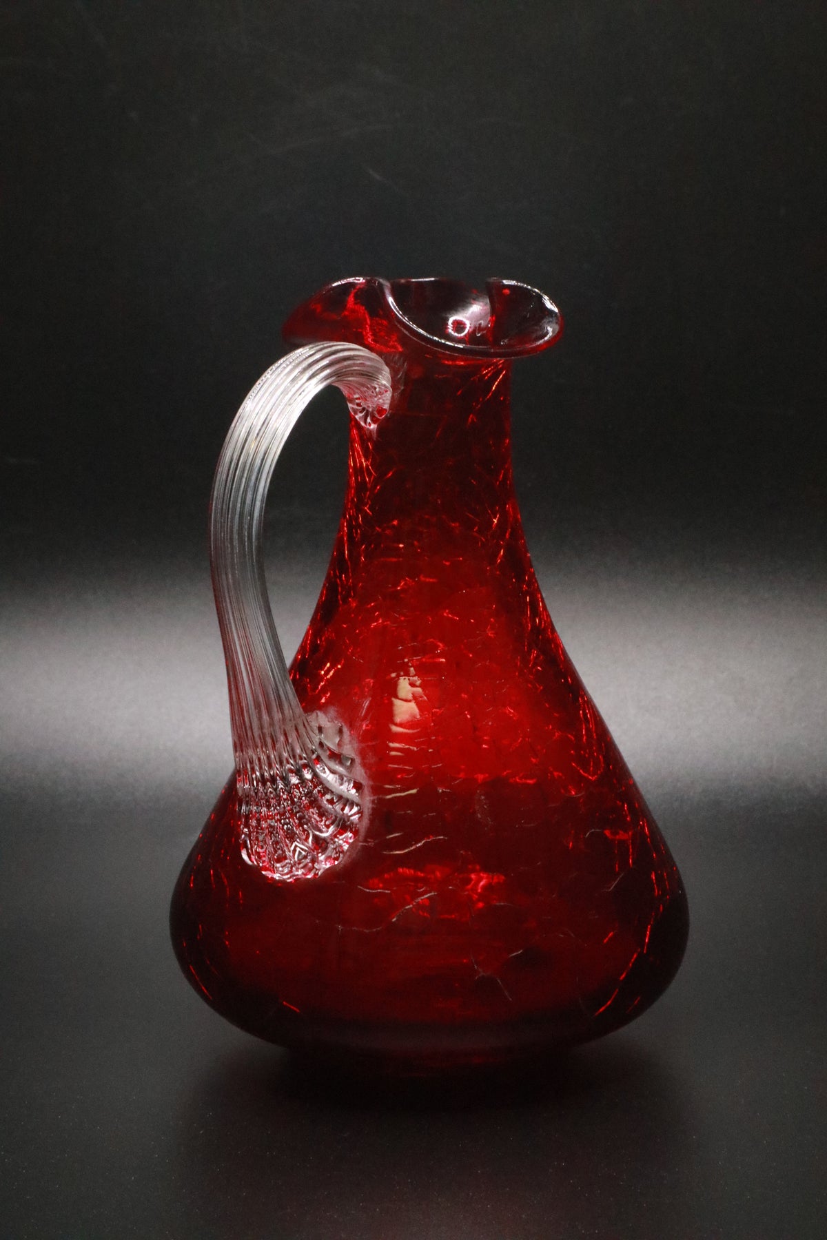 VINTAGE RUBY RED HAND BLOWN CRACKLE GLASS CLEAR HANDLE PITCHER
