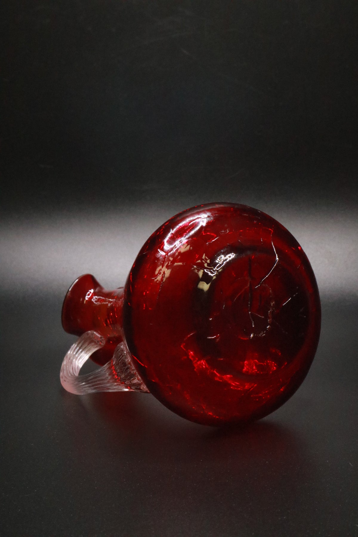 VINTAGE RUBY RED HAND BLOWN CRACKLE GLASS CLEAR HANDLE PITCHER