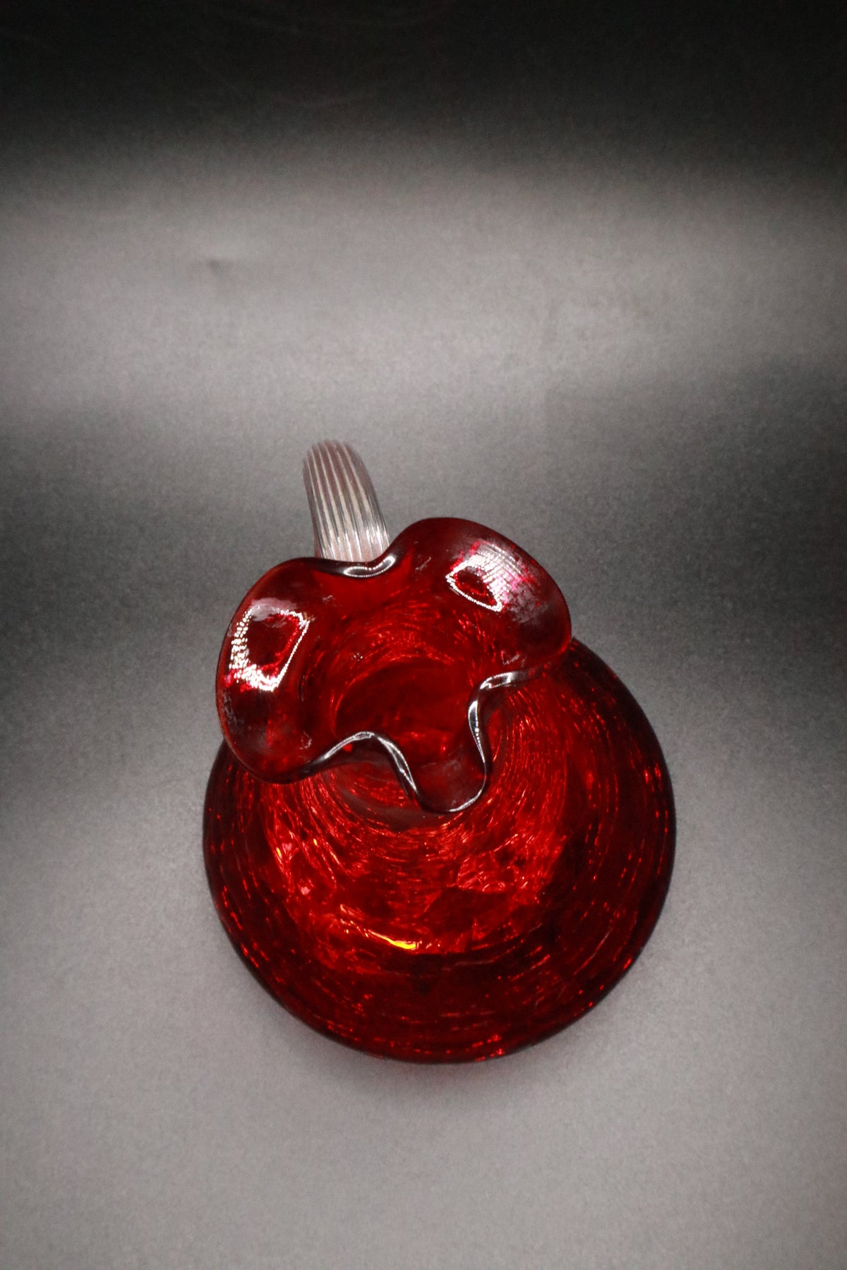 VINTAGE RUBY RED HAND BLOWN CRACKLE GLASS CLEAR HANDLE PITCHER