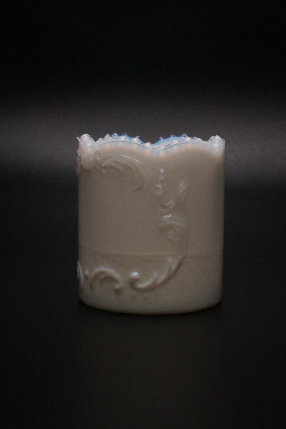 VINTAGE OPALINE MILK GLASS SCROLL DESIGN TOOTHPICK HOLDER