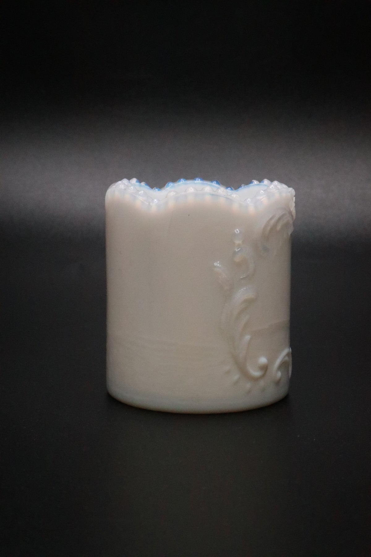 VINTAGE OPALINE MILK GLASS SCROLL DESIGN TOOTHPICK HOLDER