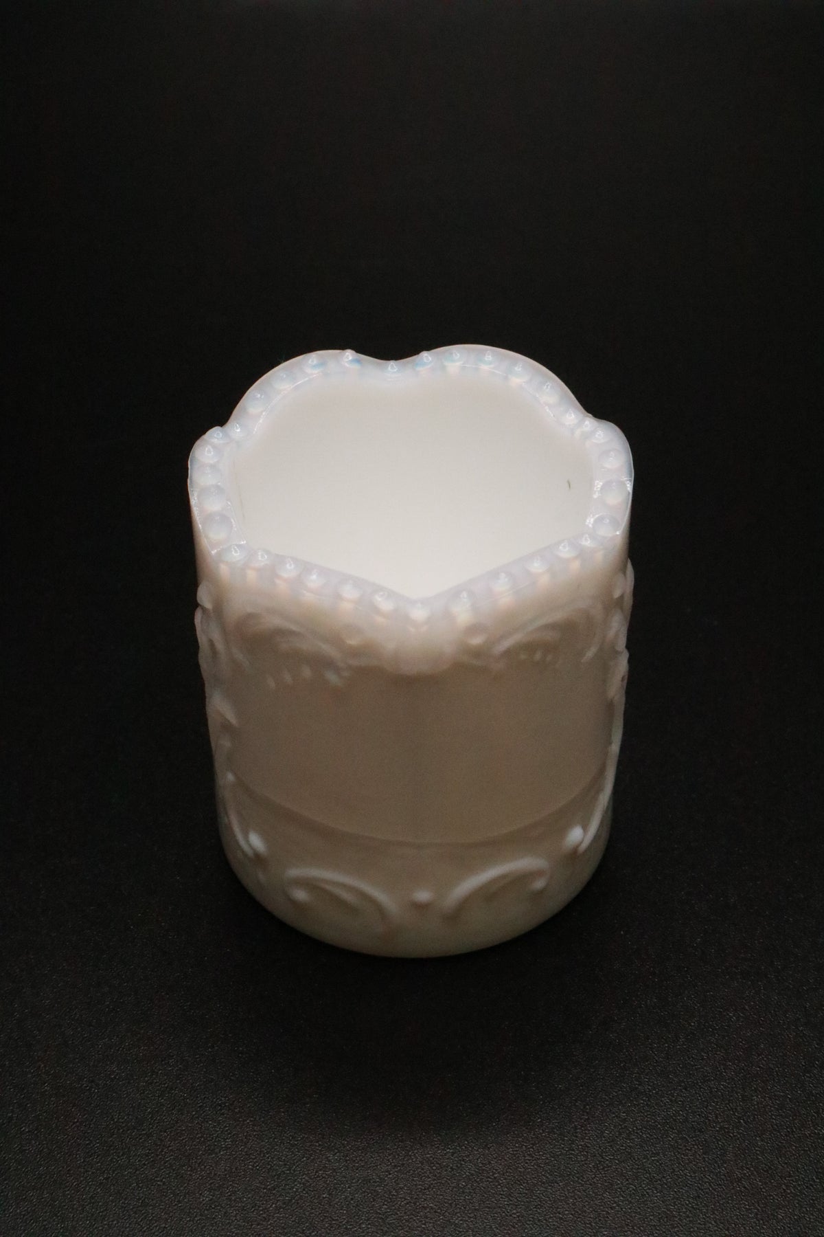 VINTAGE OPALINE MILK GLASS SCROLL DESIGN TOOTHPICK HOLDER