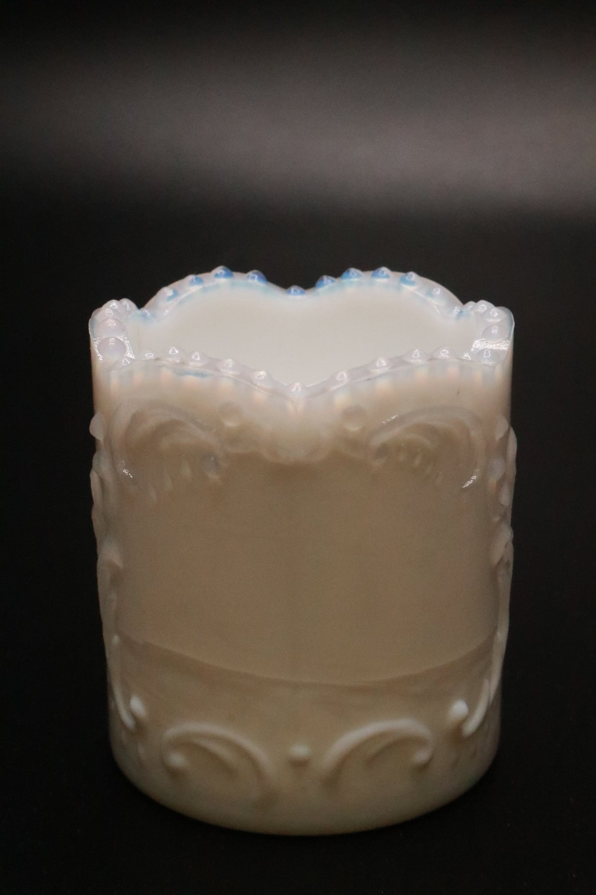 VINTAGE OPALINE MILK GLASS SCROLL DESIGN TOOTHPICK HOLDER
