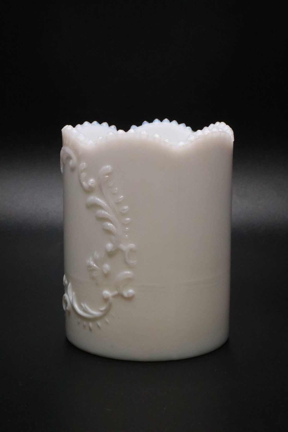 VINTAGE OPALINE MILK GLASS SCROLL DESIGN VASE