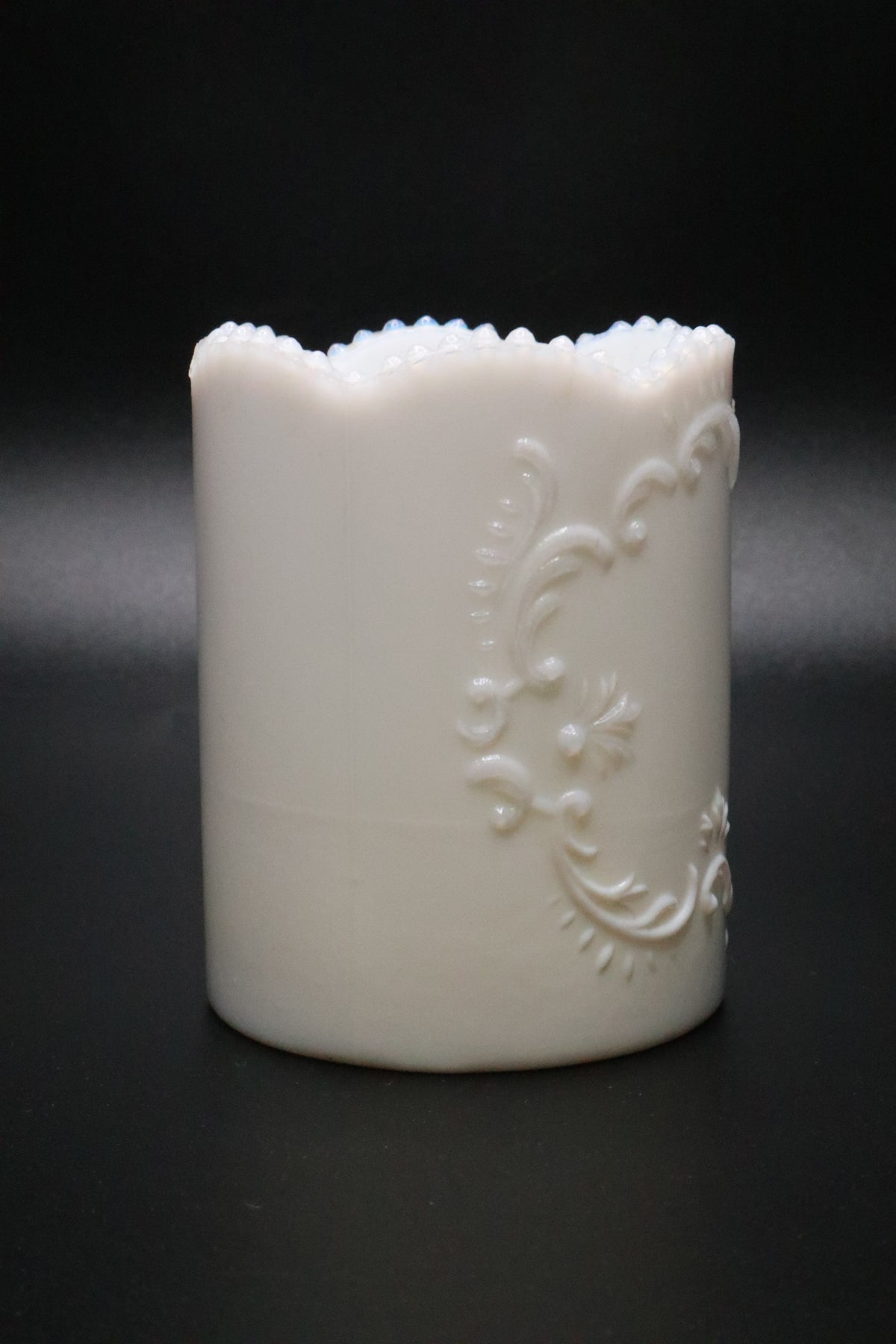 VINTAGE OPALINE MILK GLASS SCROLL DESIGN VASE