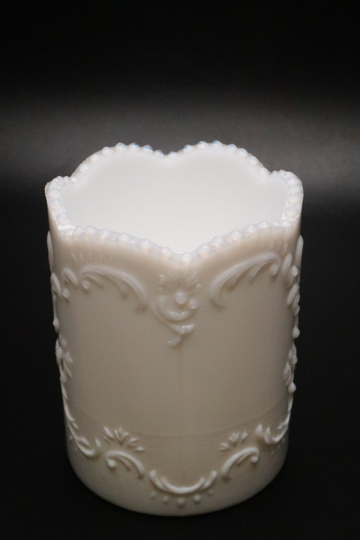 VINTAGE OPALINE MILK GLASS SCROLL DESIGN VASE