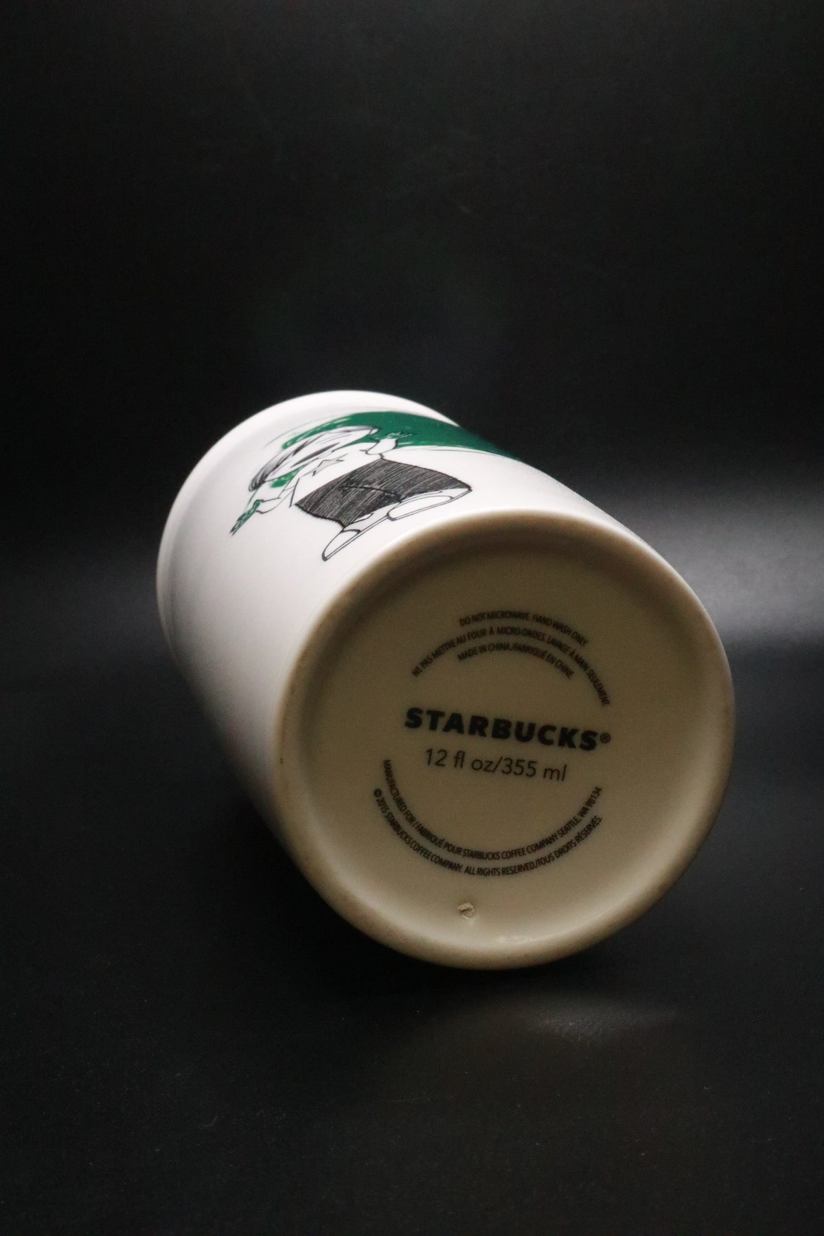STARBUCKS 2015 CERAMIC TUMBLER WITH LID DOT COLLECTION "GREEN FINGER PAINT BOY"