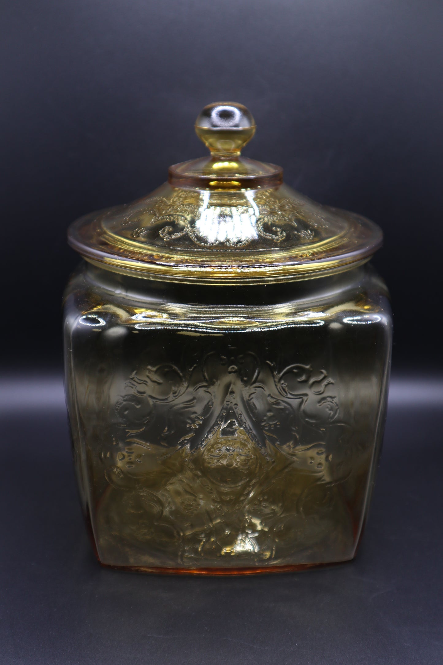 VINTAGE FEDERAL GLASS MADRID AMBER COOKIE JAR & LID