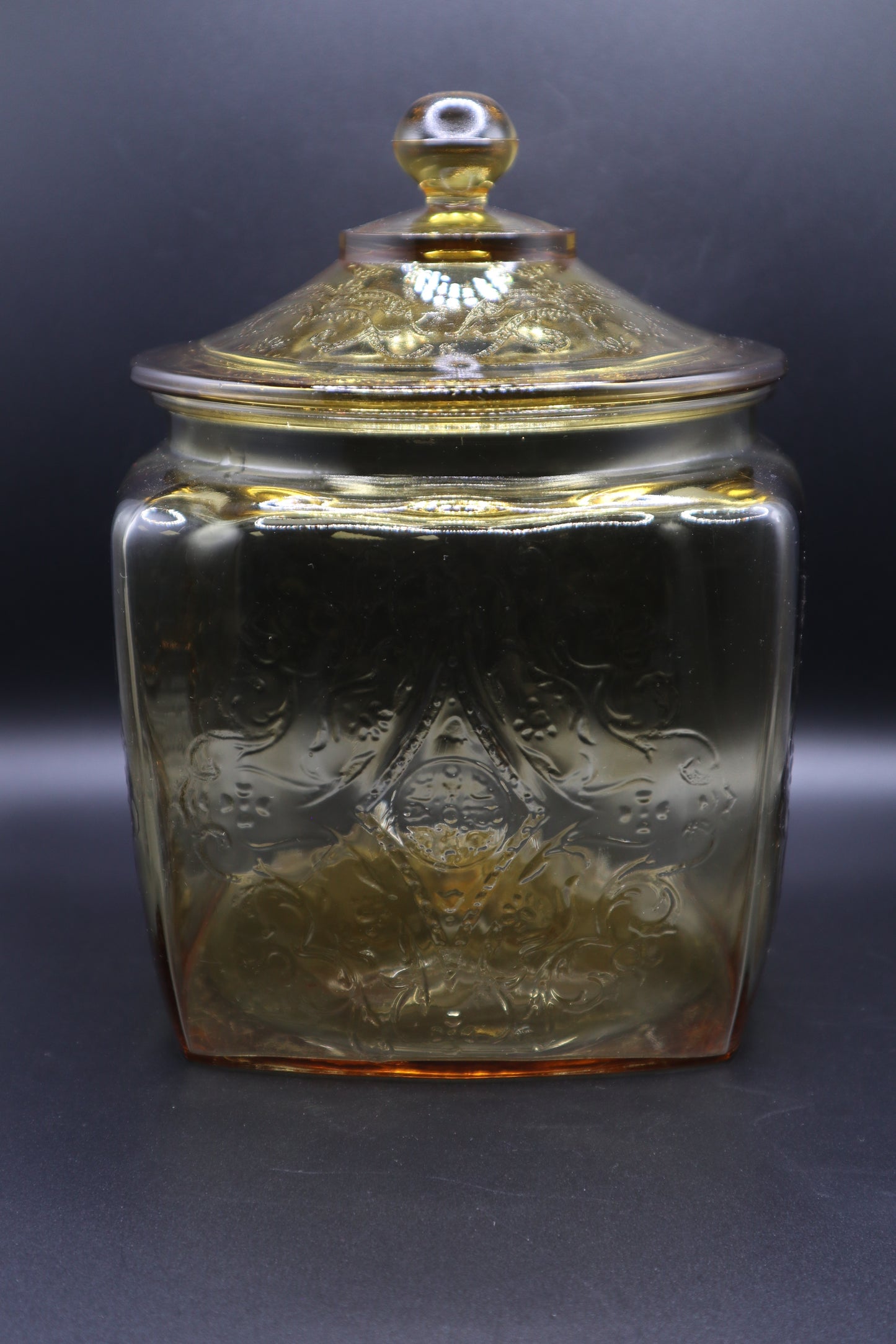 VINTAGE FEDERAL GLASS MADRID AMBER COOKIE JAR & LID