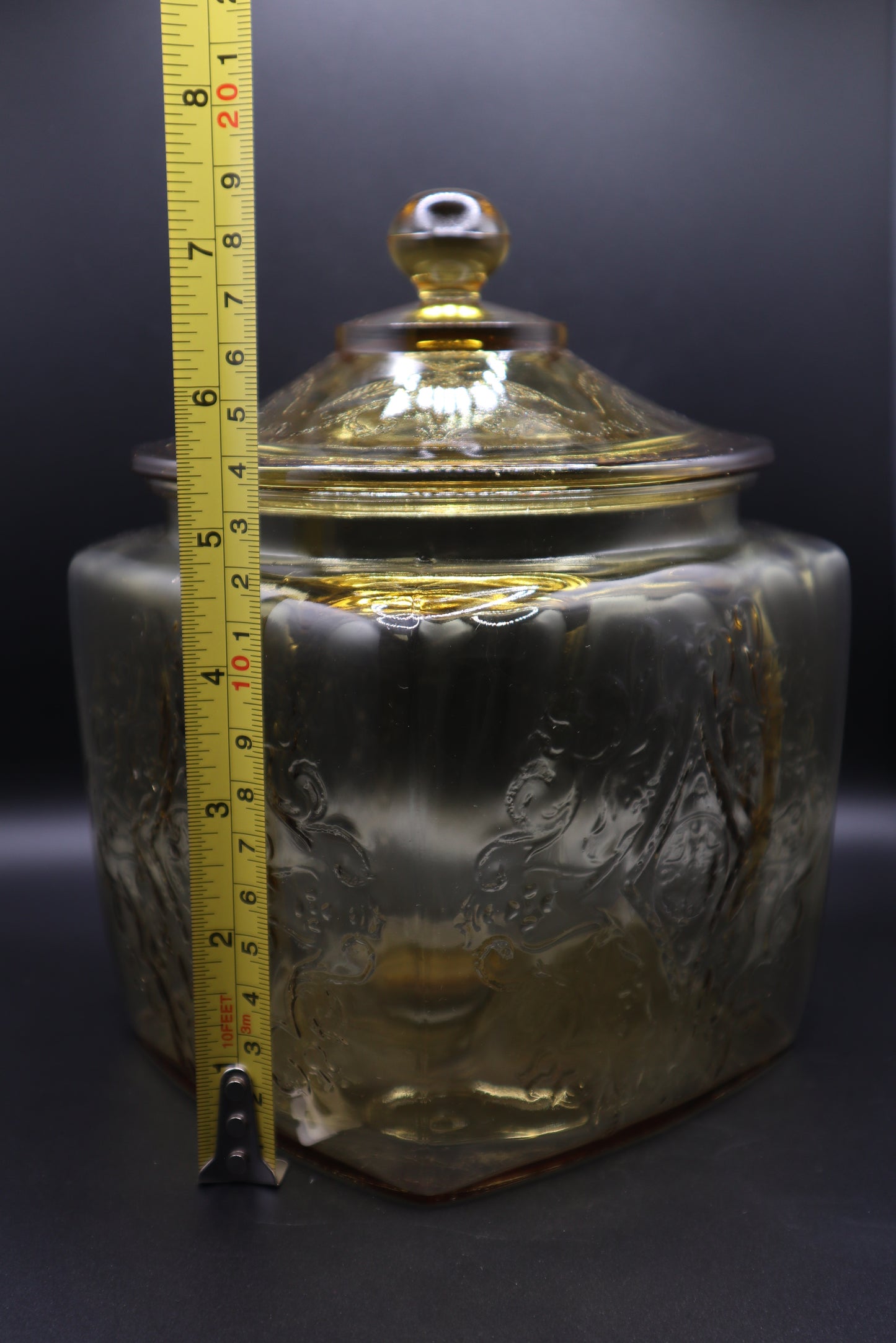 VINTAGE FEDERAL GLASS MADRID AMBER COOKIE JAR & LID