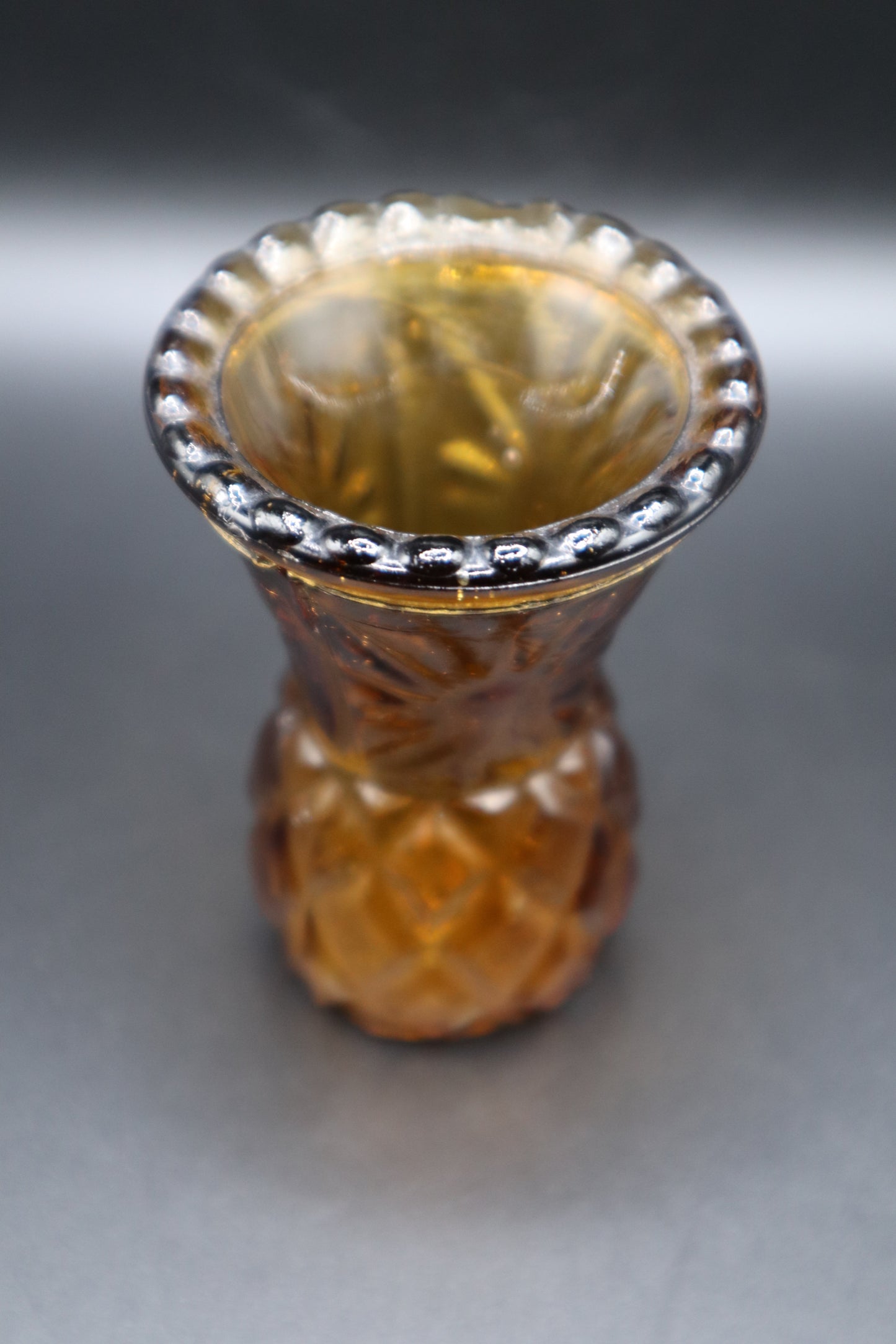 VINTAGE AMBER GLASS SMALL VASE MADE IN HONG KONG