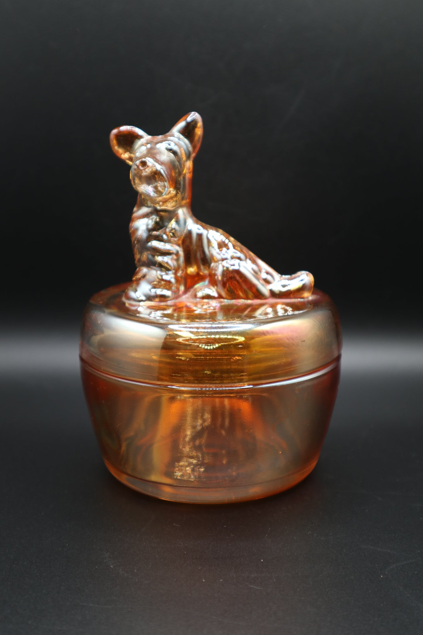 VINTAGE JEANNETTE MARIGOLD CARNIVAL GLASS TERRIER SCOTTY DOG COVERED DISH