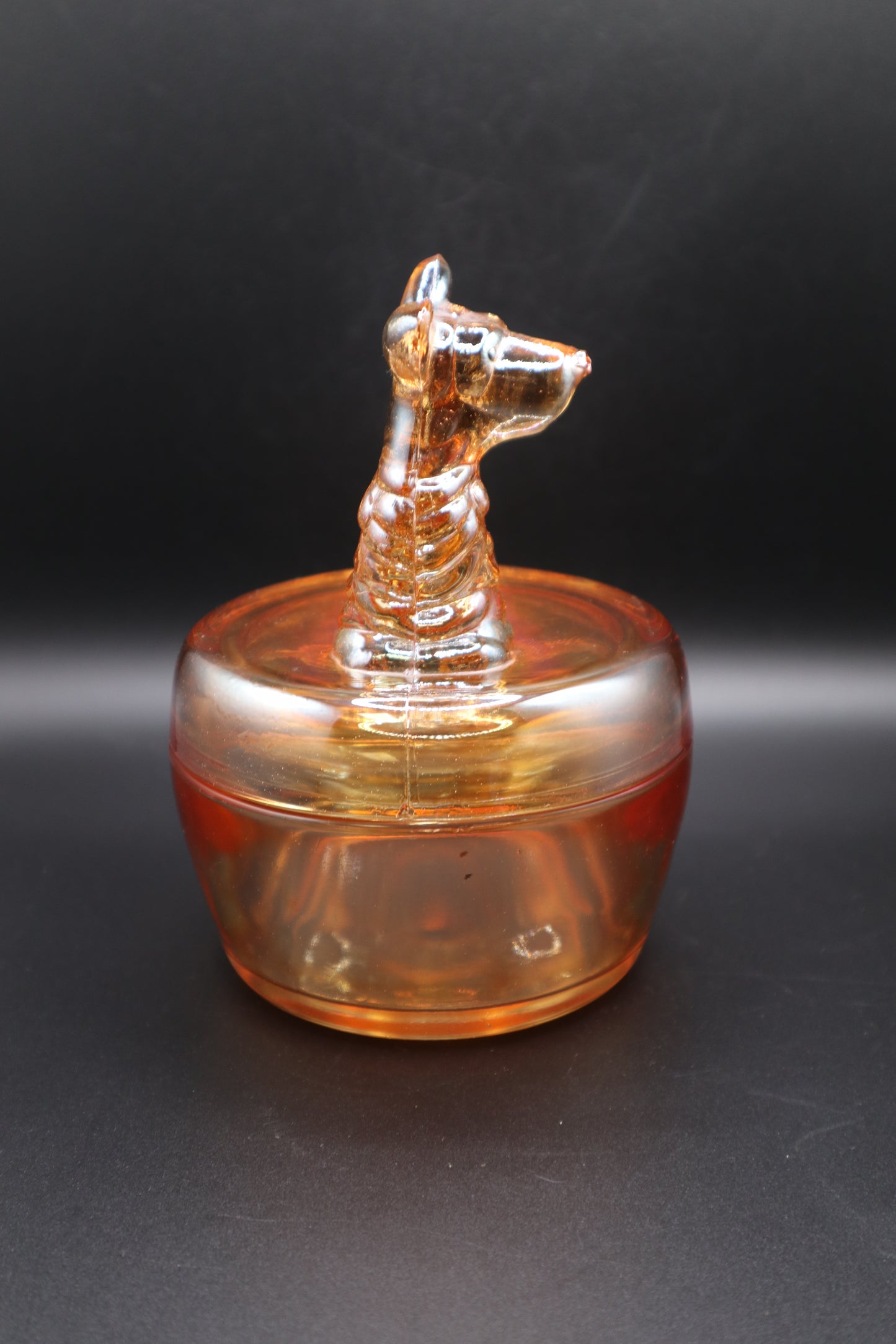 VINTAGE JEANNETTE MARIGOLD CARNIVAL GLASS TERRIER SCOTTY DOG COVERED DISH
