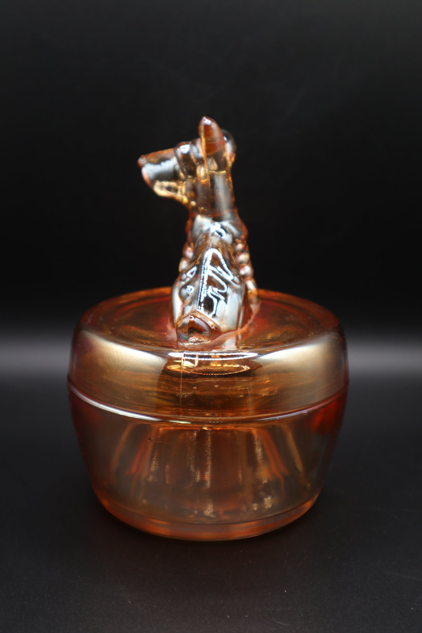VINTAGE JEANNETTE MARIGOLD CARNIVAL GLASS TERRIER SCOTTY DOG COVERED DISH