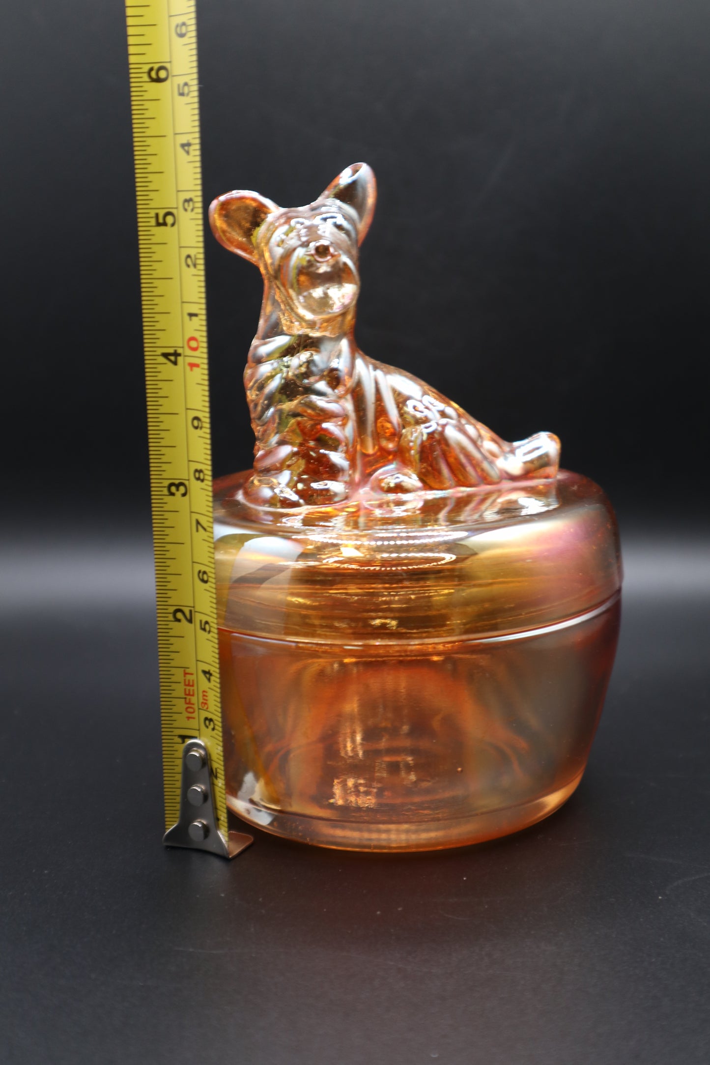 VINTAGE JEANNETTE MARIGOLD CARNIVAL GLASS TERRIER SCOTTY DOG COVERED DISH