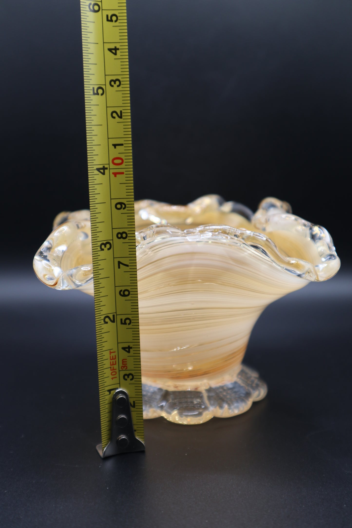 VINTAGE MURANO VENETIAN ART GLASS RUFFLED FOOTED DISH GOLD AND WHITE SWIRL W/ GOLD FLECKS