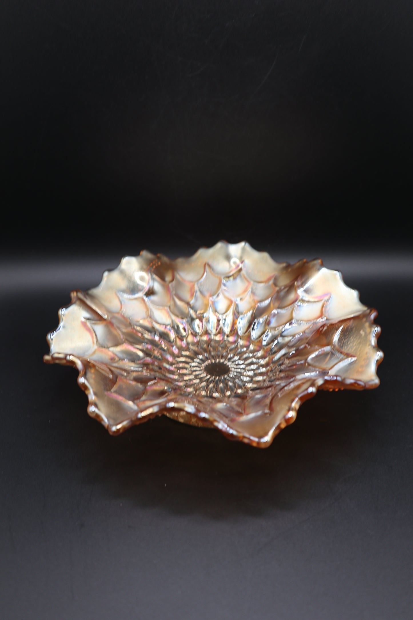 1913 CARNIVAL GLASS PEACH OPALESCENT DUGAN FISH SCALE AND BEADS PATTERN