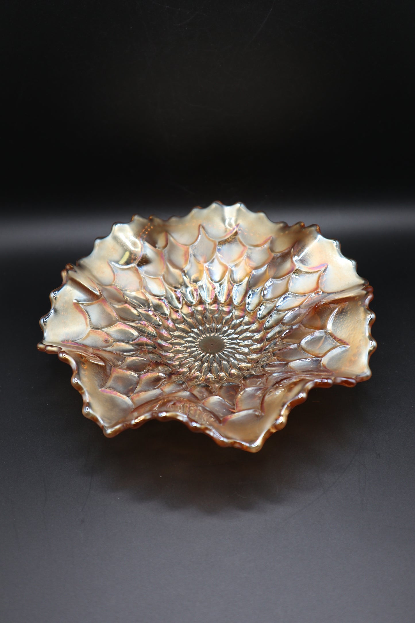1913 CARNIVAL GLASS PEACH OPALESCENT DUGAN FISH SCALE AND BEADS PATTERN
