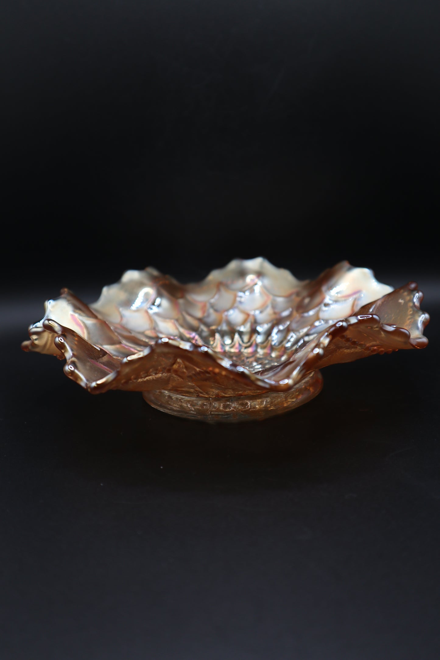 1913 CARNIVAL GLASS PEACH OPALESCENT DUGAN FISH SCALE AND BEADS PATTERN
