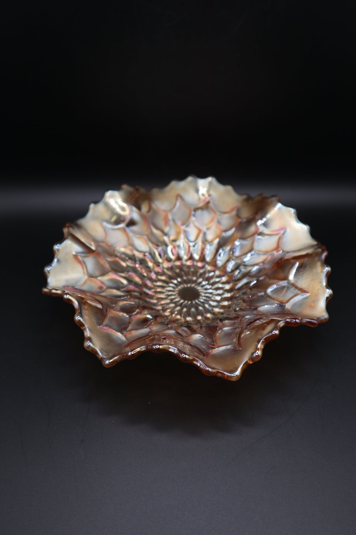 1913 CARNIVAL GLASS PEACH OPALESCENT DUGAN FISH SCALE AND BEADS PATTERN