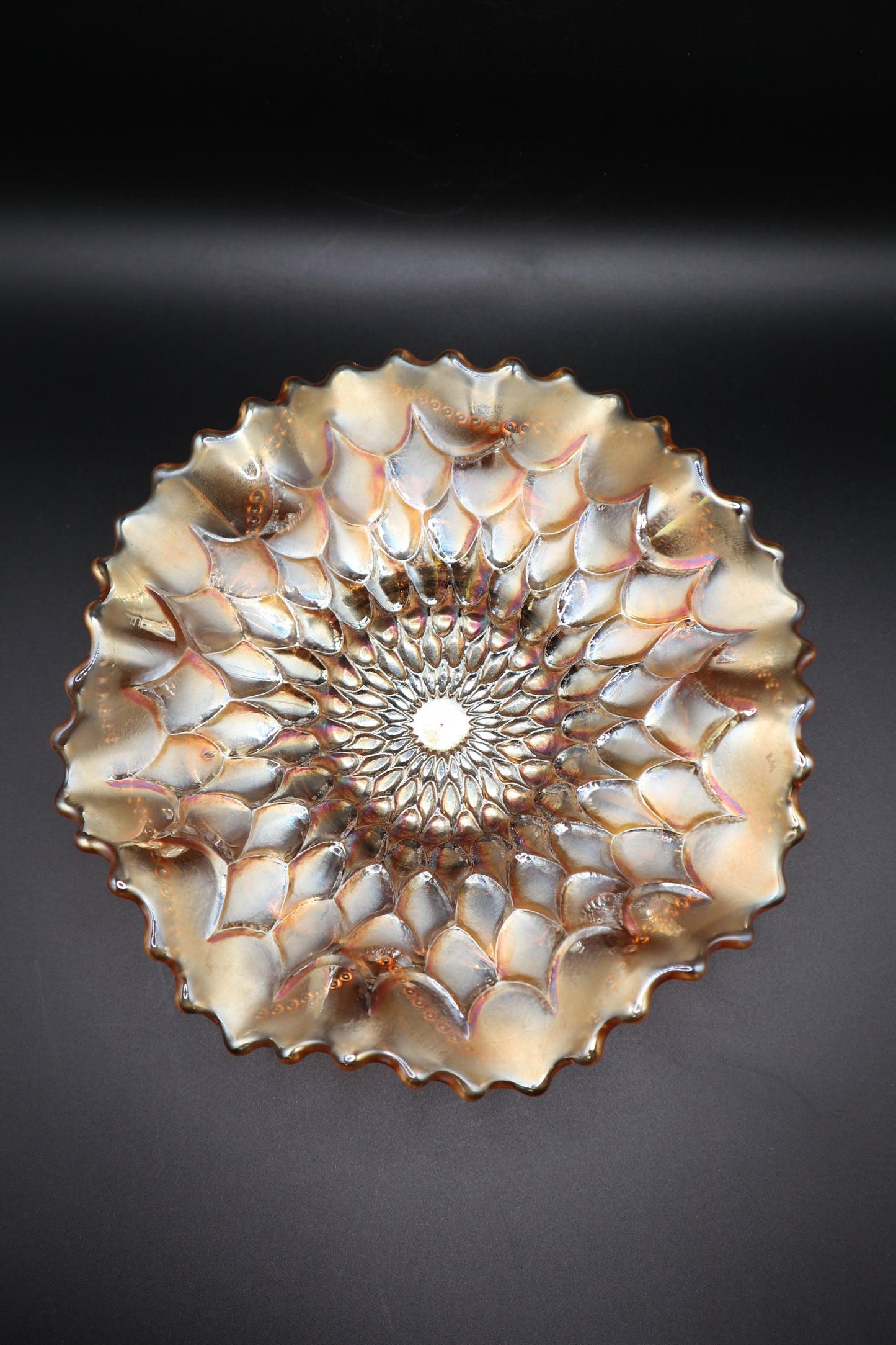 1913 CARNIVAL GLASS PEACH OPALESCENT DUGAN FISH SCALE AND BEADS PATTERN