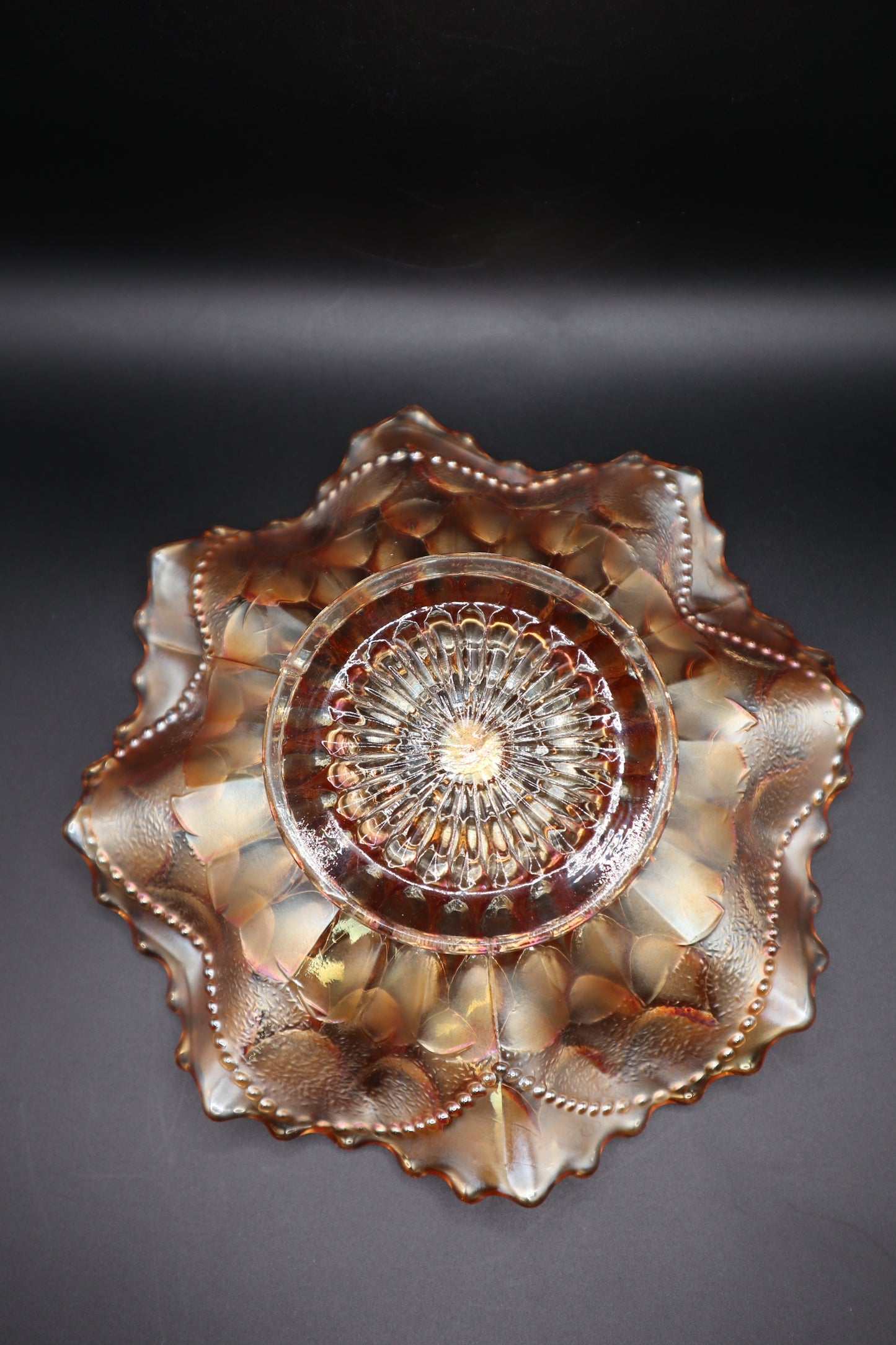1913 CARNIVAL GLASS PEACH OPALESCENT DUGAN FISH SCALE AND BEADS PATTERN
