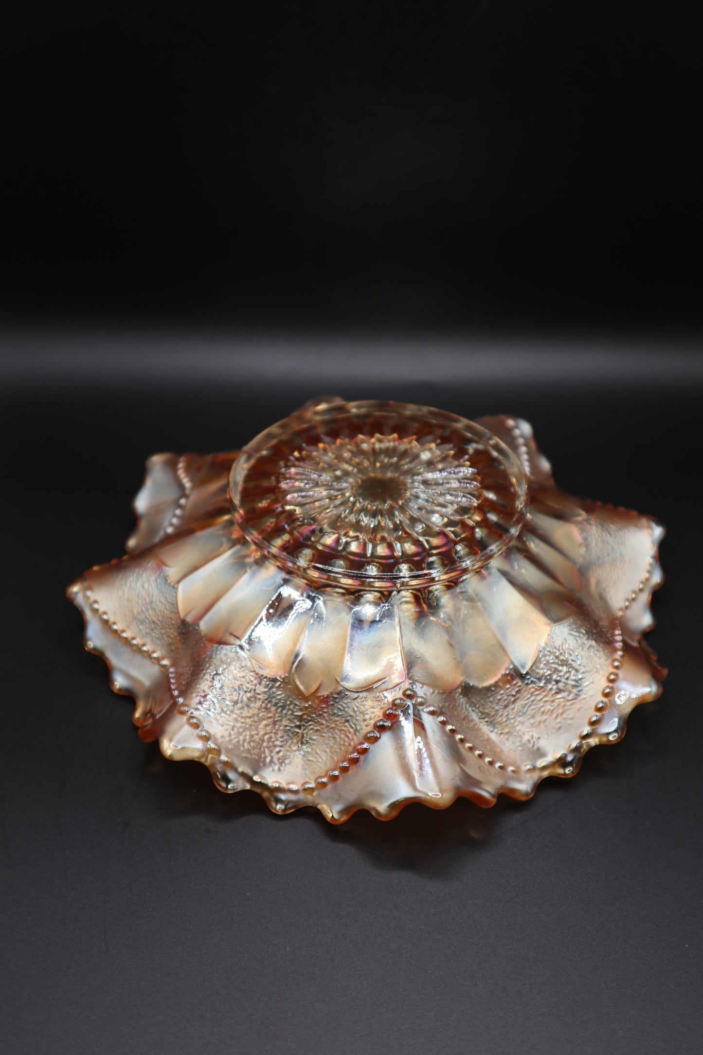 1913 CARNIVAL GLASS PEACH OPALESCENT DUGAN FISH SCALE AND BEADS PATTERN