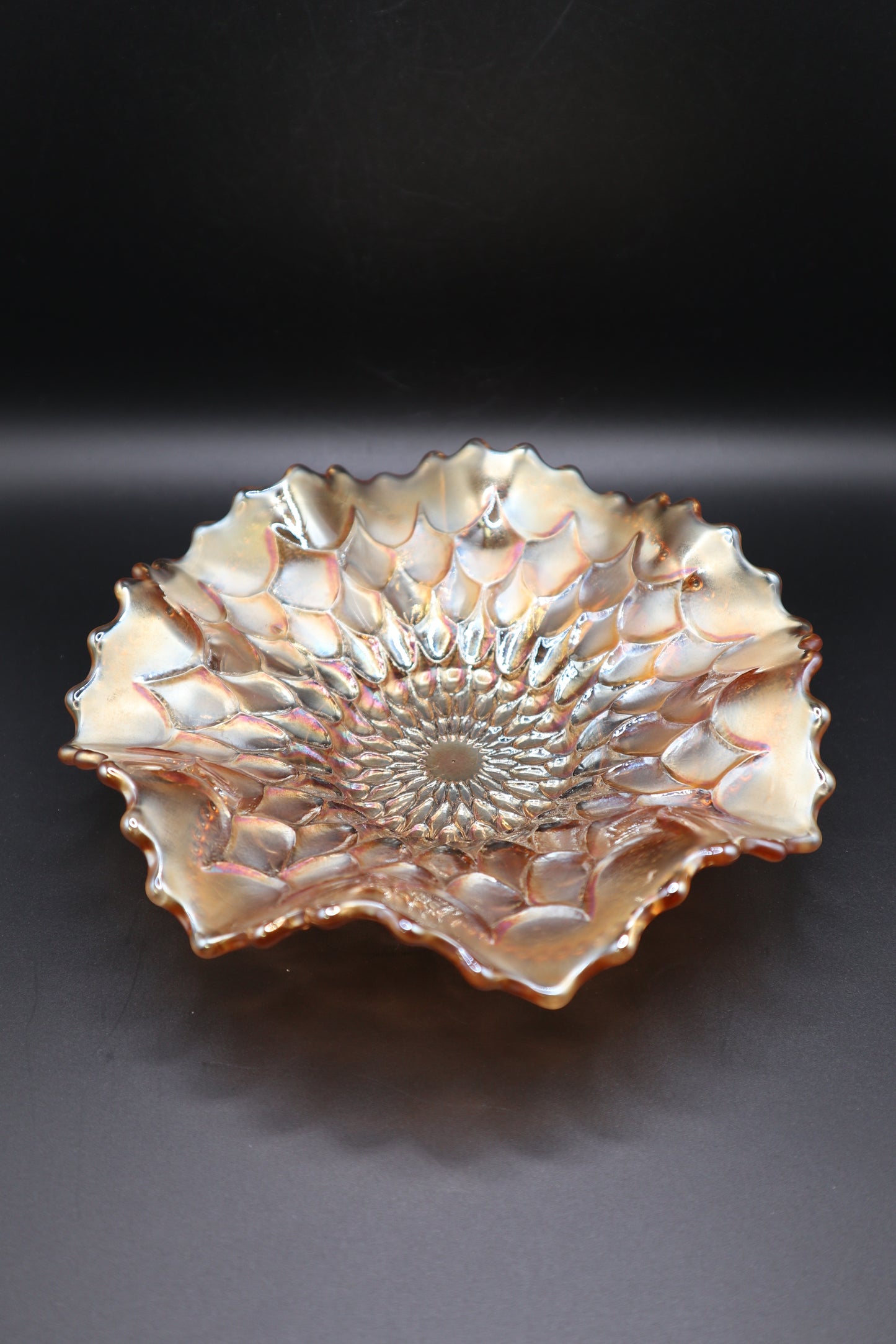 1913 CARNIVAL GLASS PEACH OPALESCENT DUGAN FISH SCALE AND BEADS PATTERN
