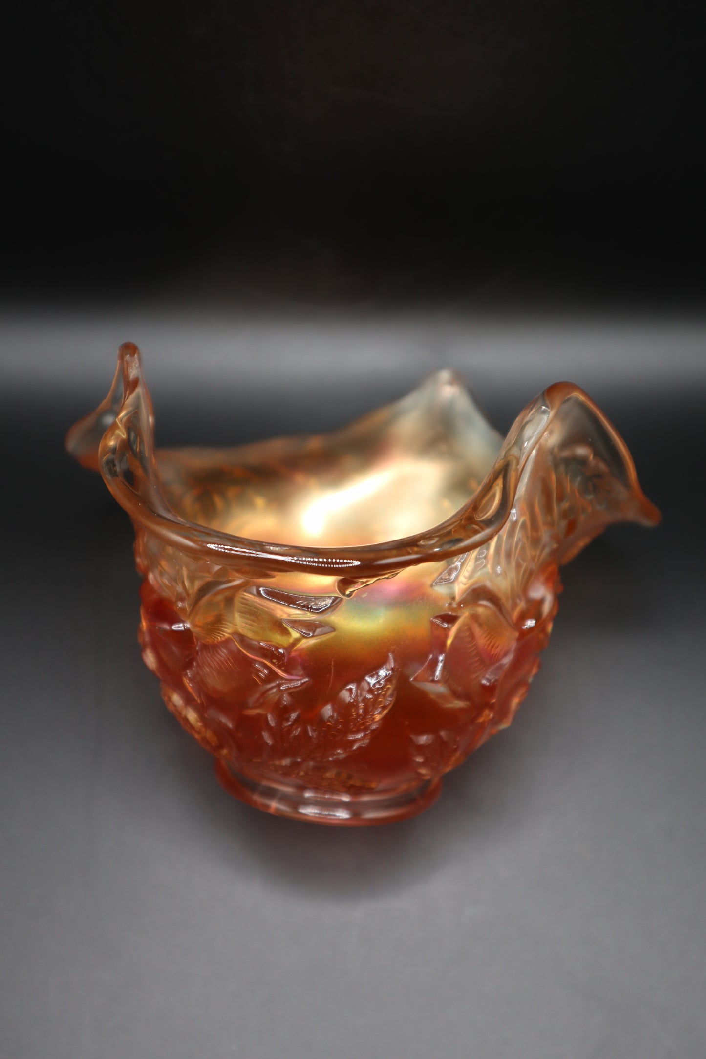 DUGAN WREATH OF ROSES MARIGOLD CARNIVAL GLASS BOWL
