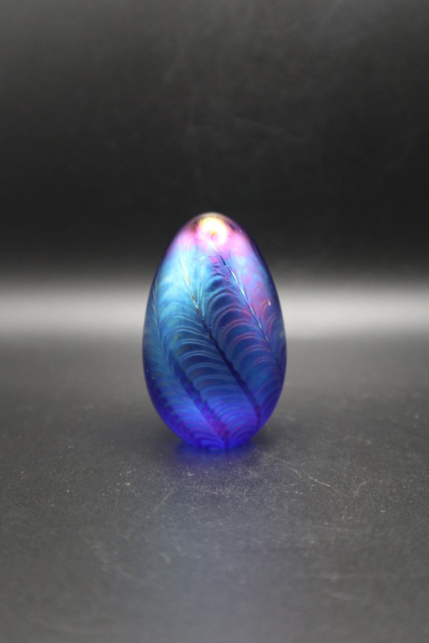 MSH SIGNED IRIDESCENT GLASS EGG PAPERWEIGHT