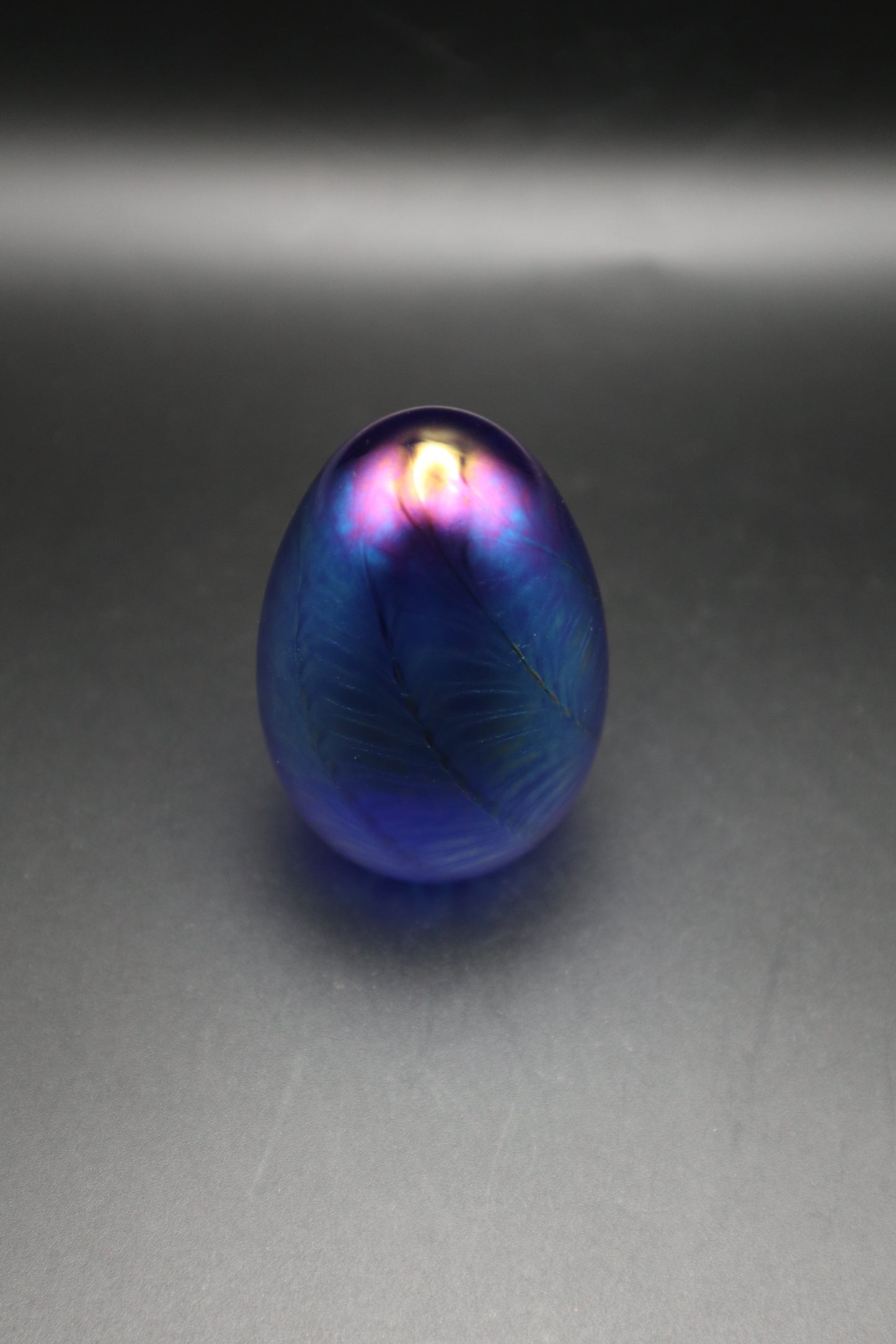 MSH SIGNED IRIDESCENT GLASS EGG PAPERWEIGHT