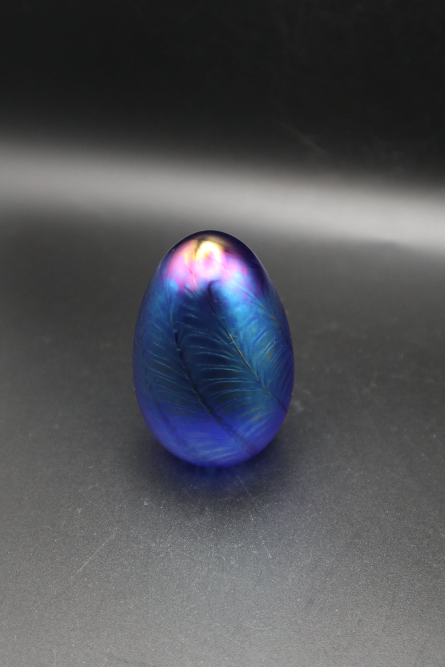 MSH SIGNED IRIDESCENT GLASS EGG PAPERWEIGHT