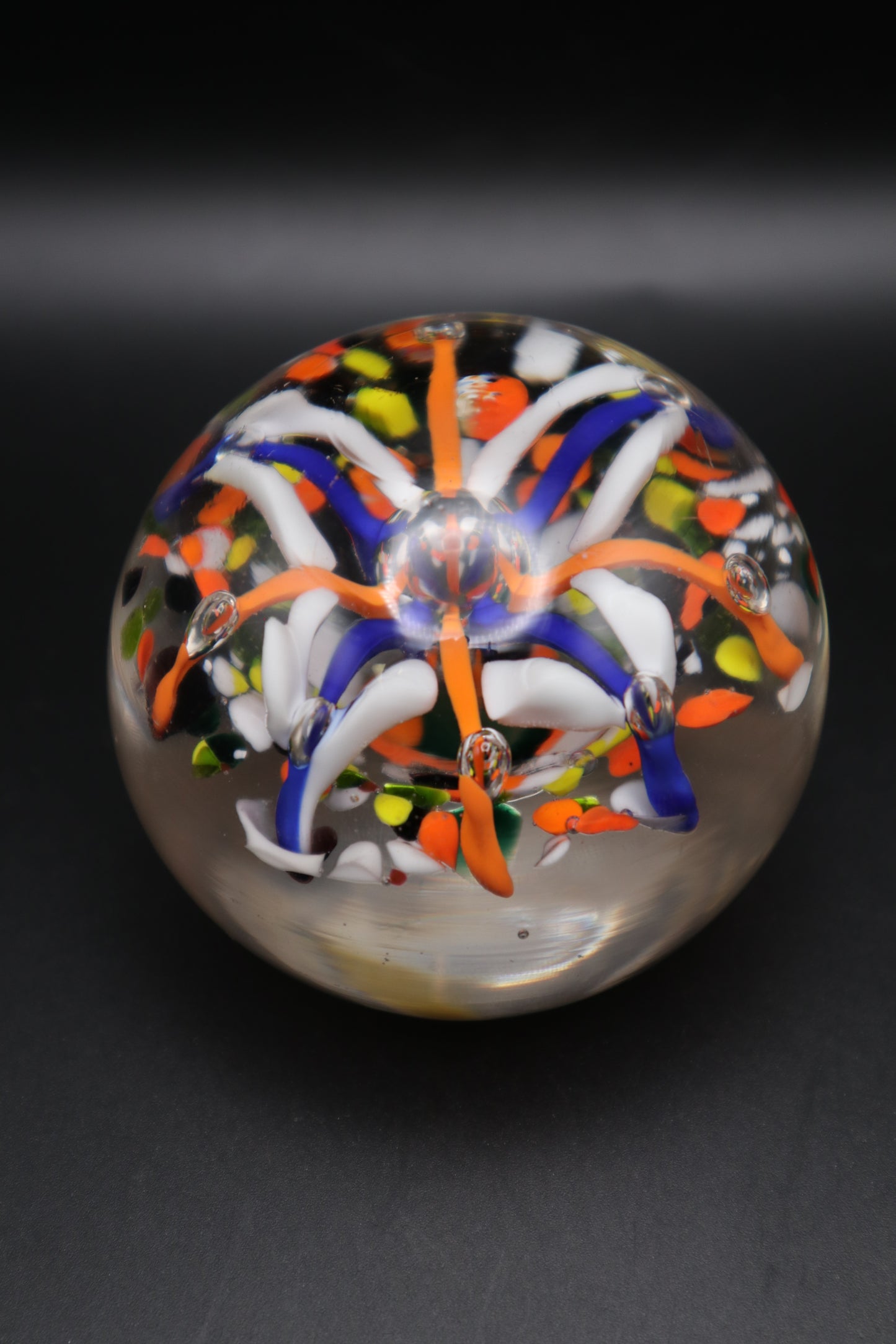 MURANO STYLE HAND BLOWN ORANGE BLUE & WHITE PAPERWEIGHT