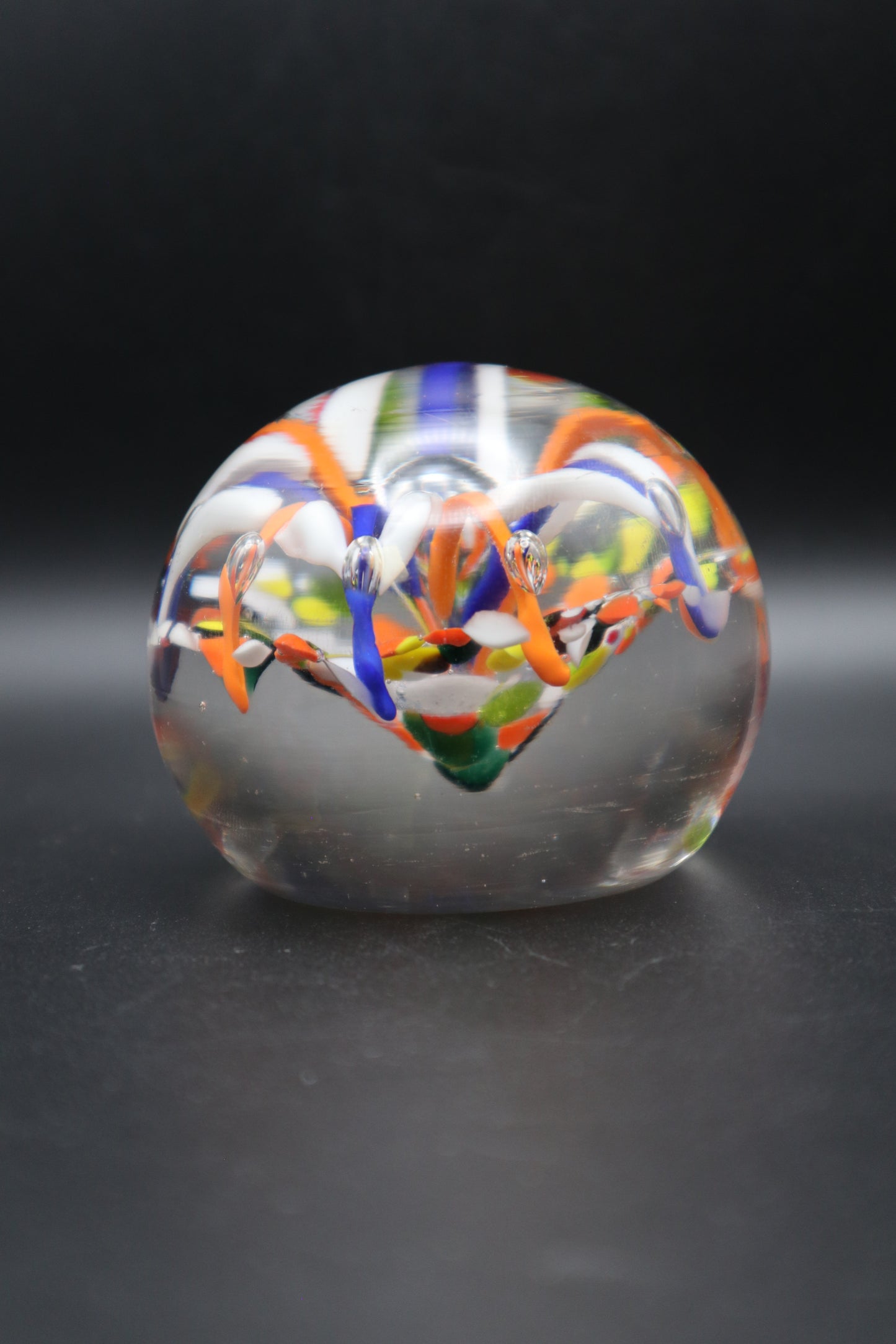 MURANO STYLE HAND BLOWN ORANGE BLUE & WHITE PAPERWEIGHT