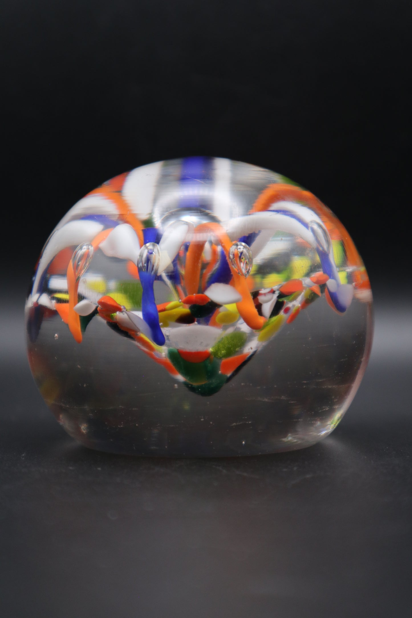 MURANO STYLE HAND BLOWN ORANGE BLUE & WHITE PAPERWEIGHT