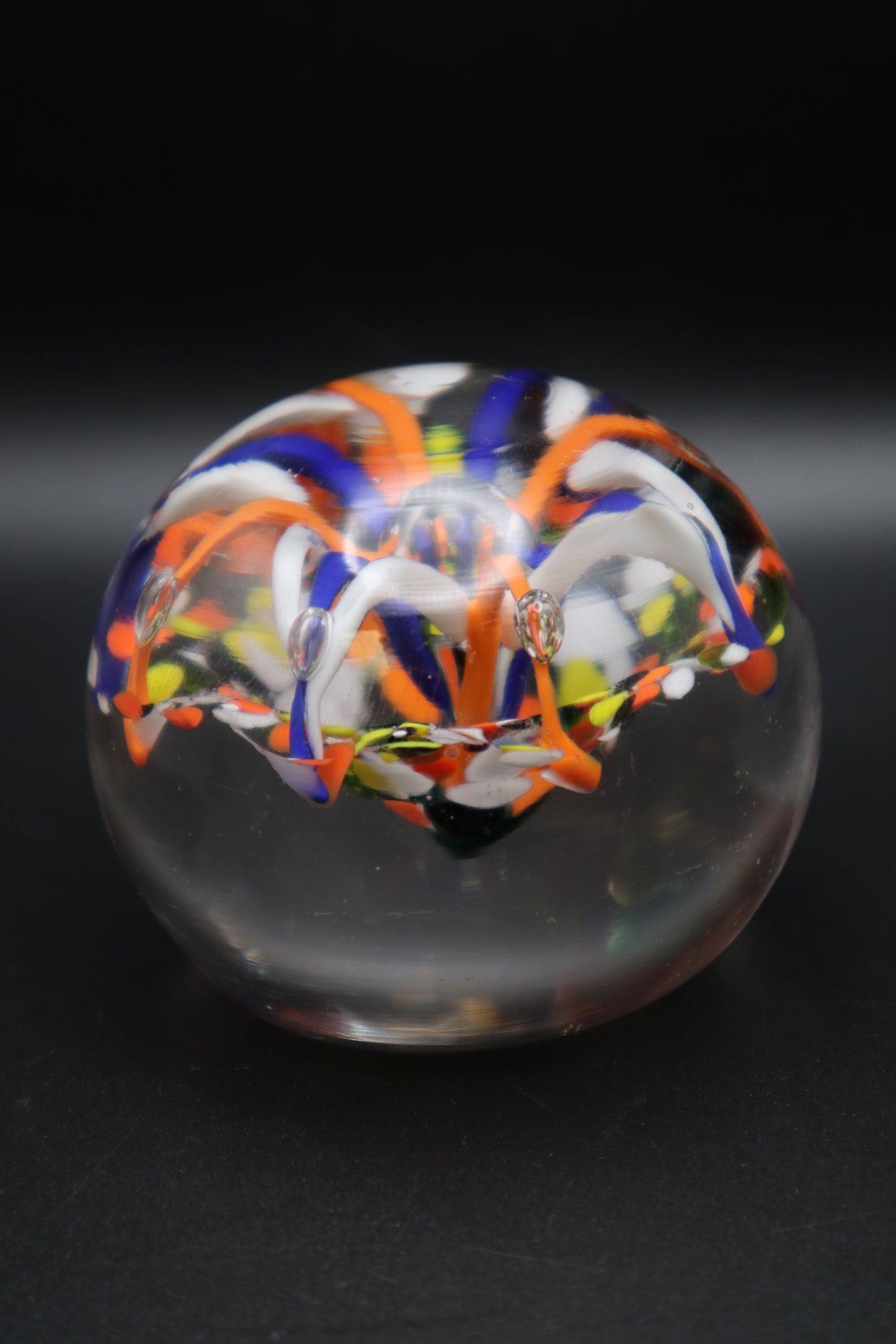 MURANO STYLE HAND BLOWN ORANGE BLUE & WHITE PAPERWEIGHT