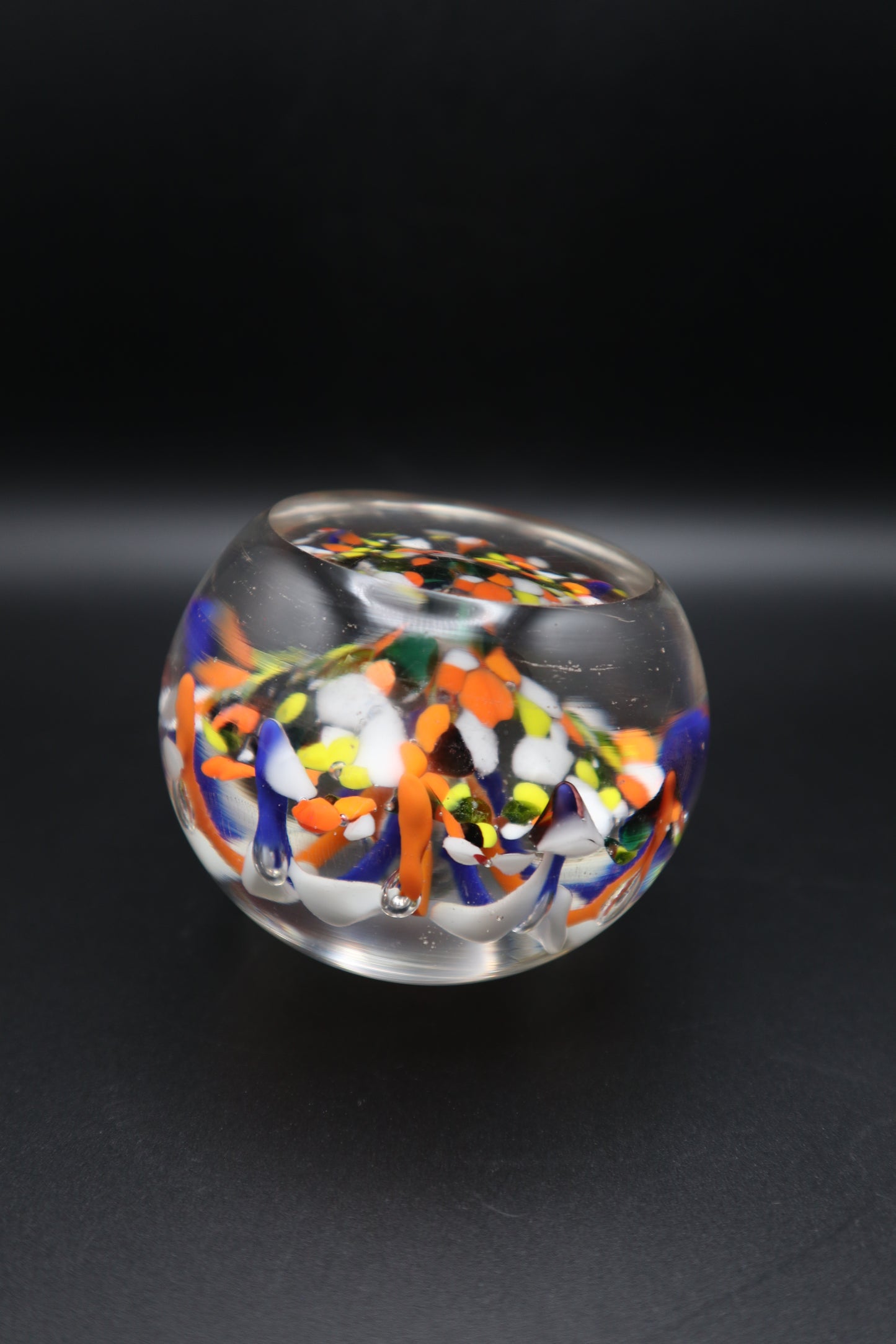 MURANO STYLE HAND BLOWN ORANGE BLUE & WHITE PAPERWEIGHT