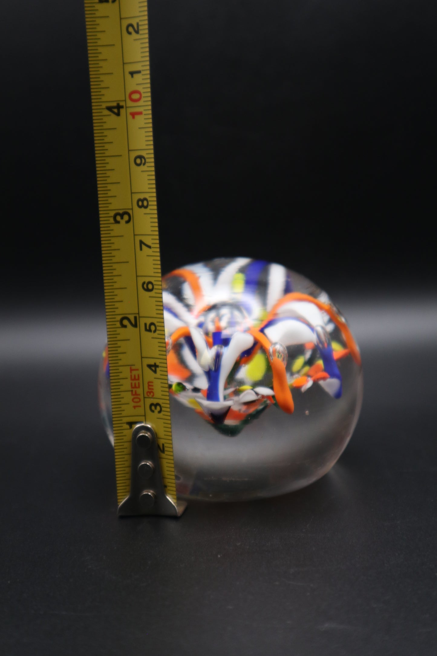 MURANO STYLE HAND BLOWN ORANGE BLUE & WHITE PAPERWEIGHT