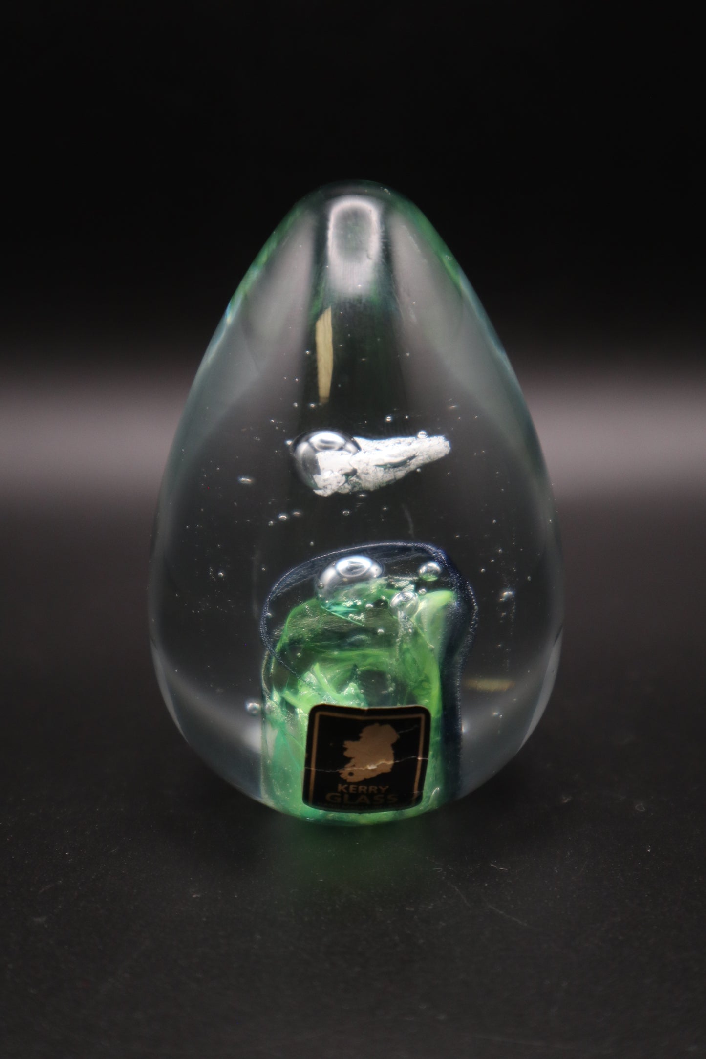 KERRY ART GLASS GREEN TO CLEAR HAND BLOWN MADE IN IRELAND PAPERWEIGHT