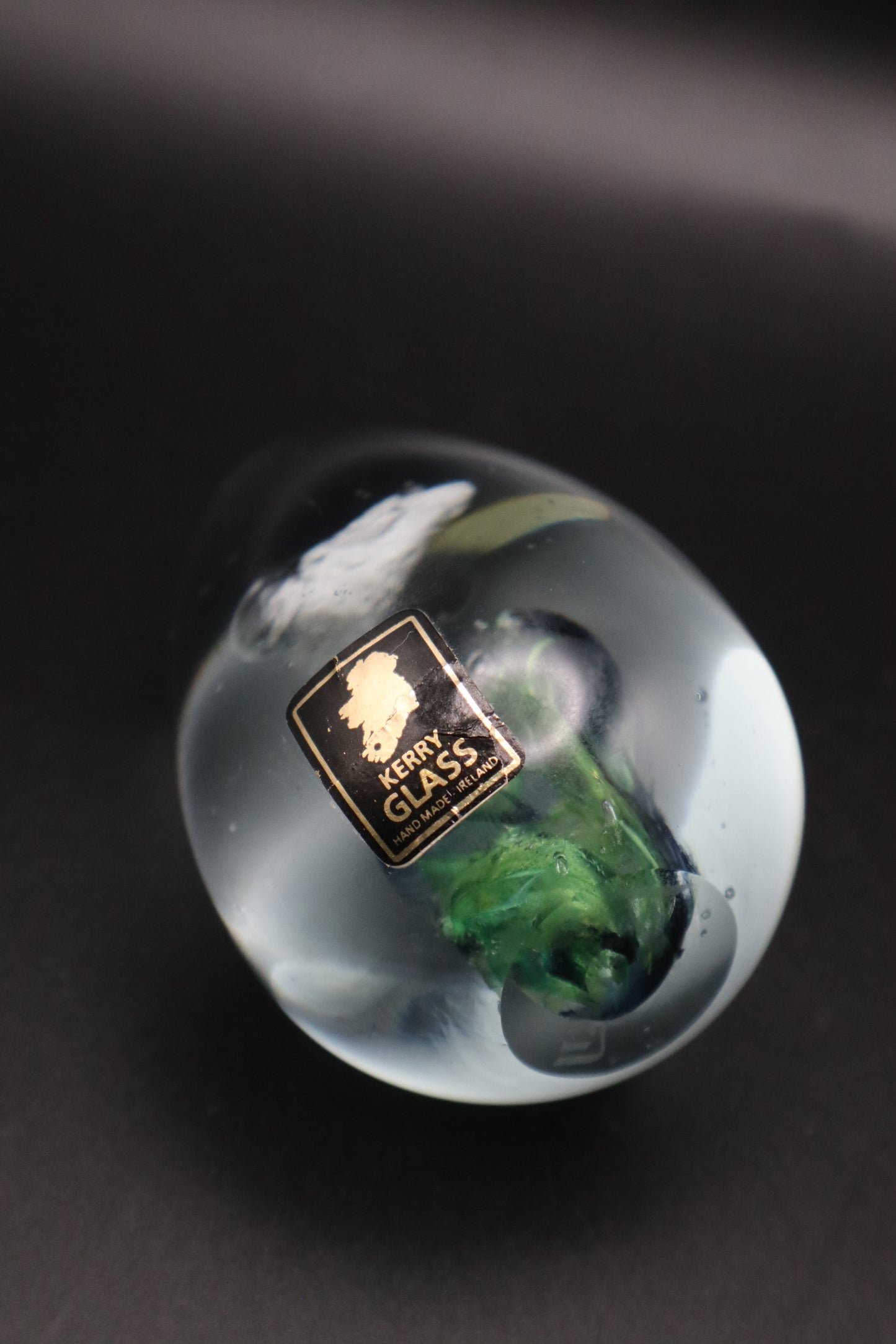 KERRY ART GLASS GREEN TO CLEAR HAND BLOWN MADE IN IRELAND PAPERWEIGHT