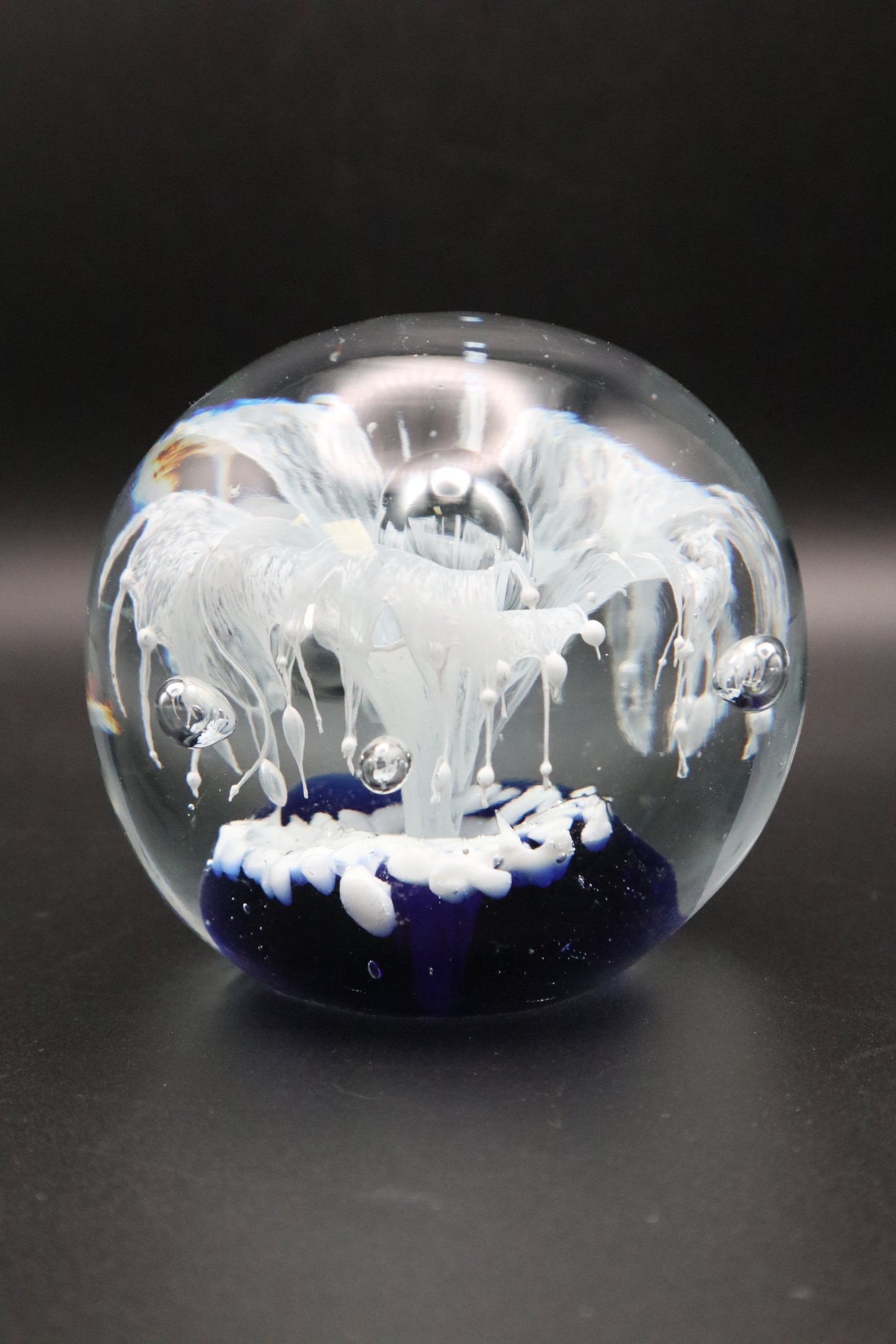 VINTAGE ART GLASS COBALT BLUE WITH WHITE FLOWER PAPERWEIGHT