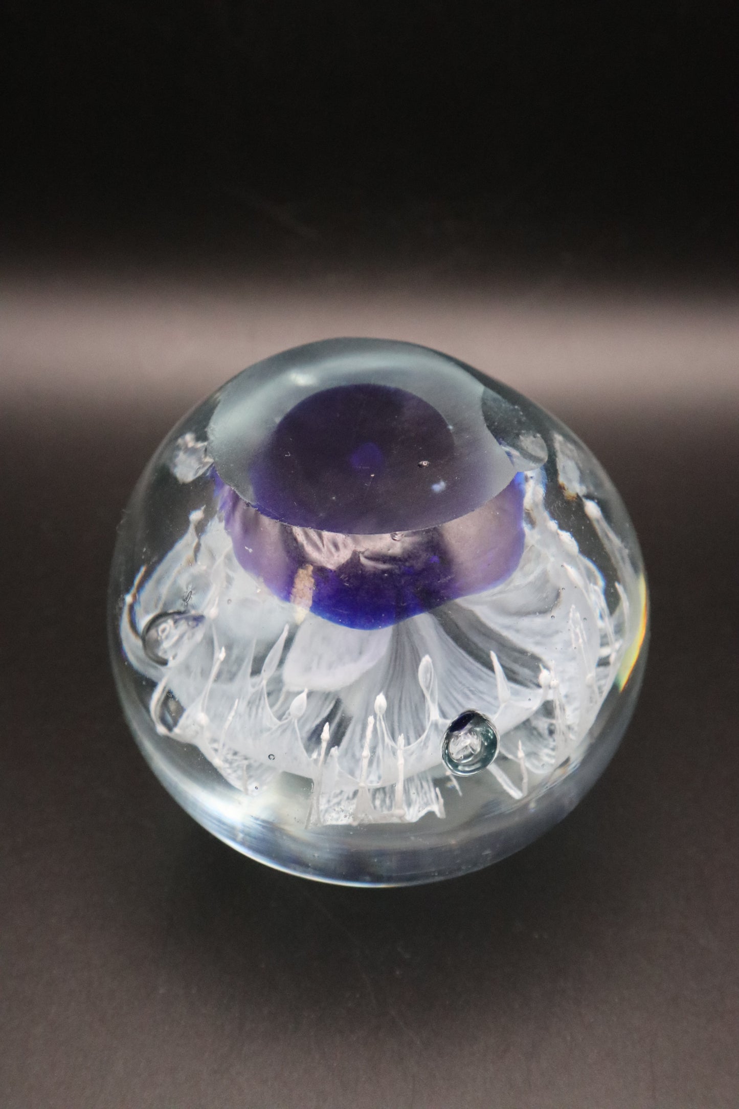 VINTAGE ART GLASS COBALT BLUE WITH WHITE FLOWER PAPERWEIGHT