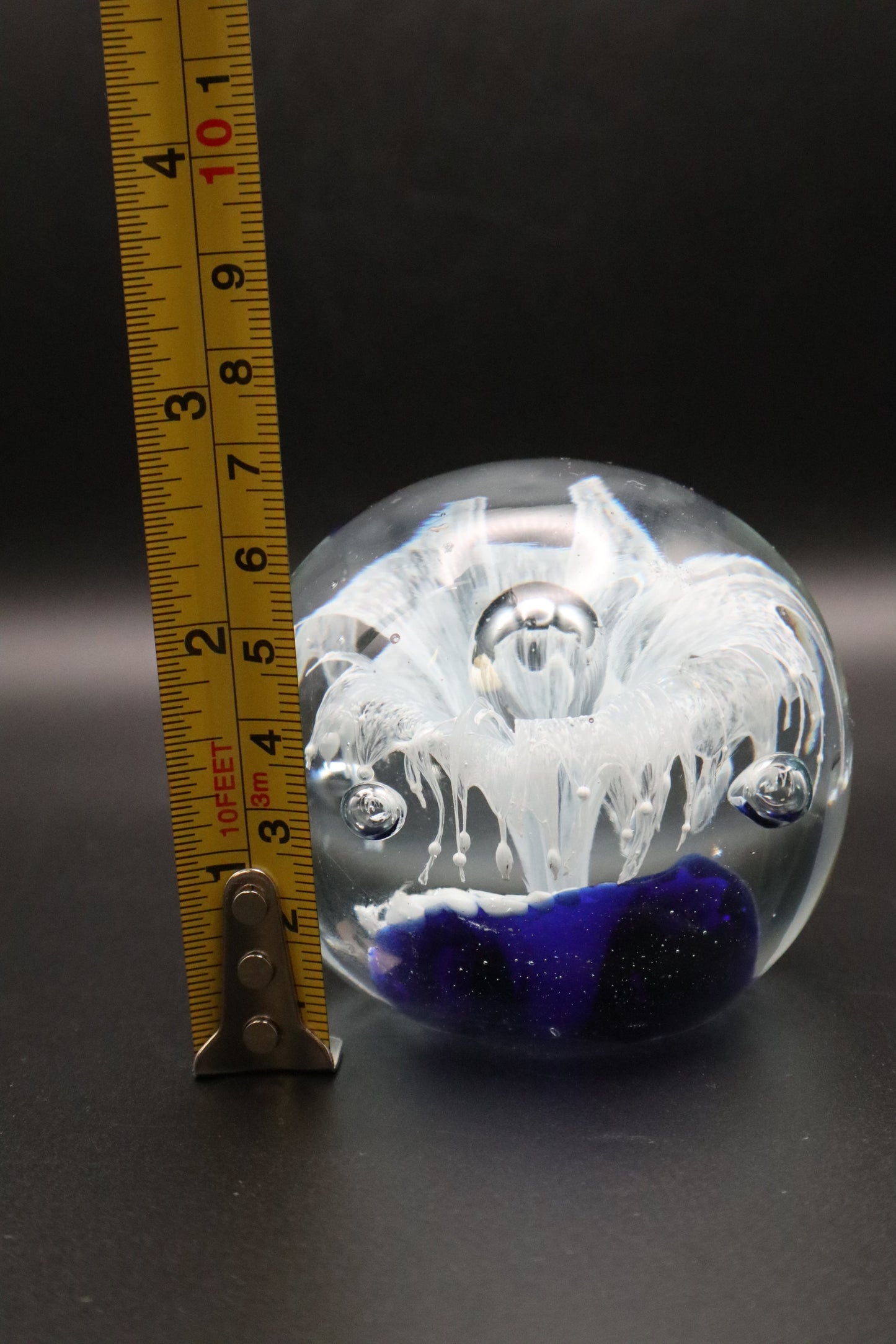VINTAGE ART GLASS COBALT BLUE WITH WHITE FLOWER PAPERWEIGHT